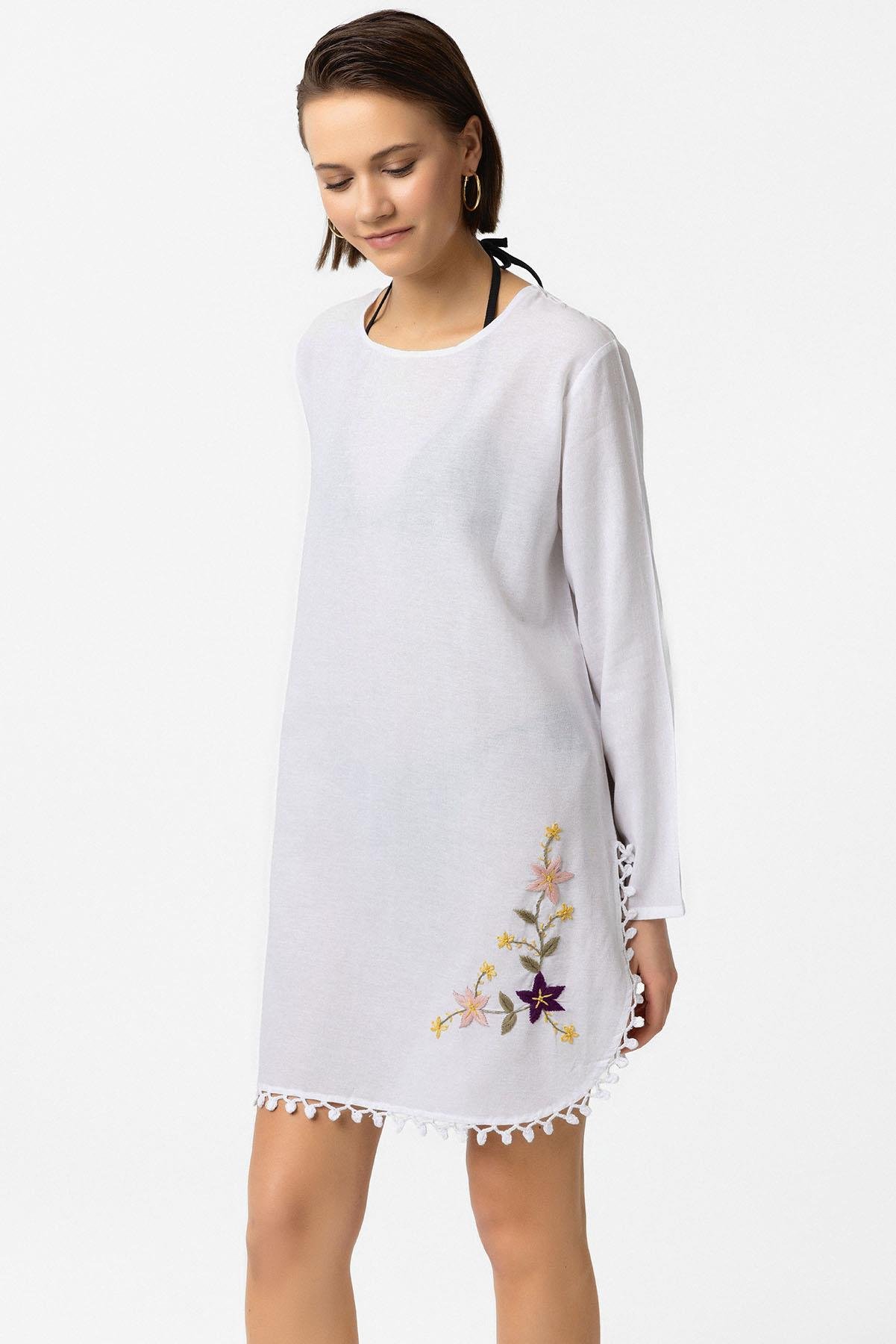 Beyaz Nakış İşlemeli Uzun Kollu Pamuklu Bluz Elbise