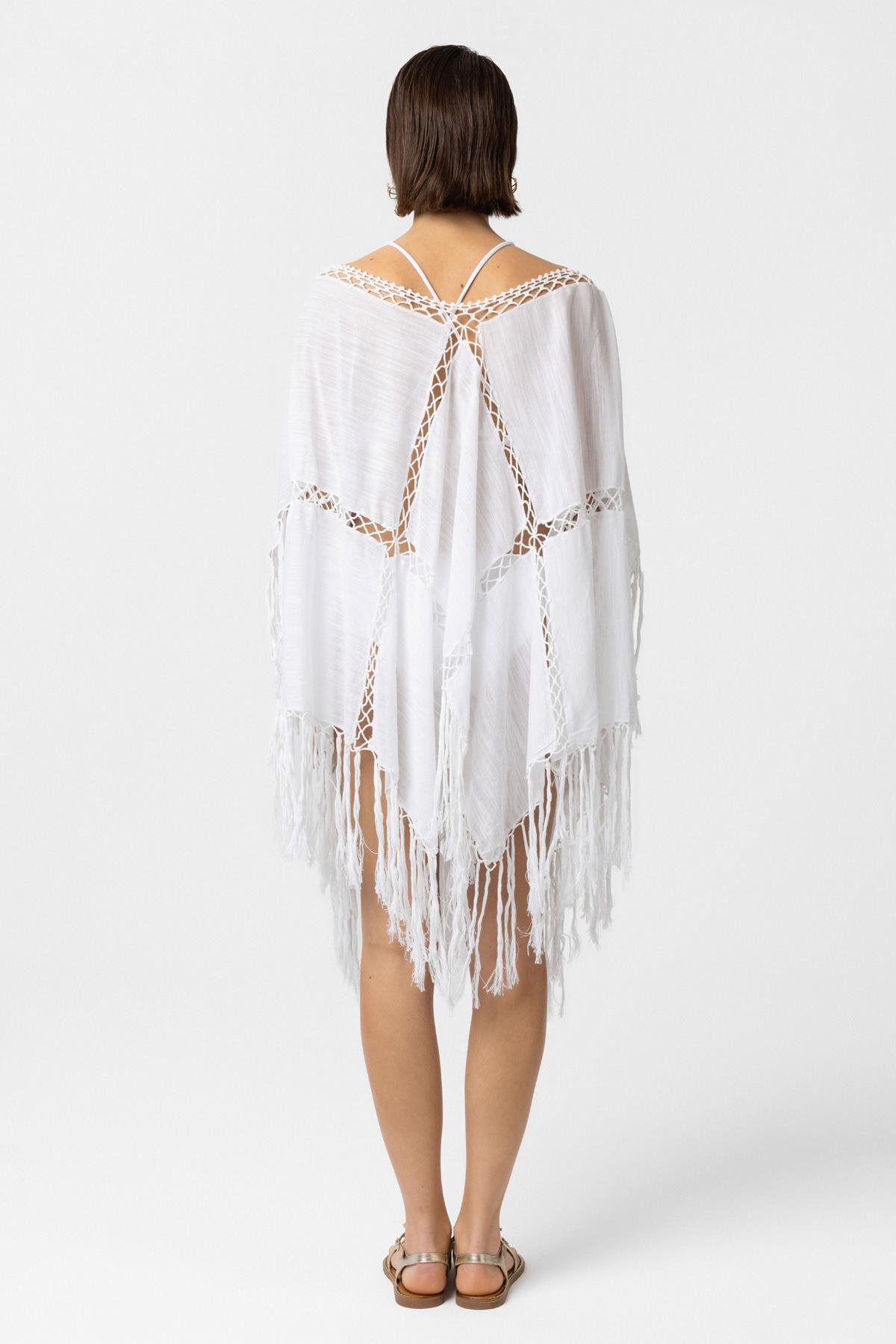 Beyaz Püskül Detaylı V Yaka Bohem Plaj Panço Elbise