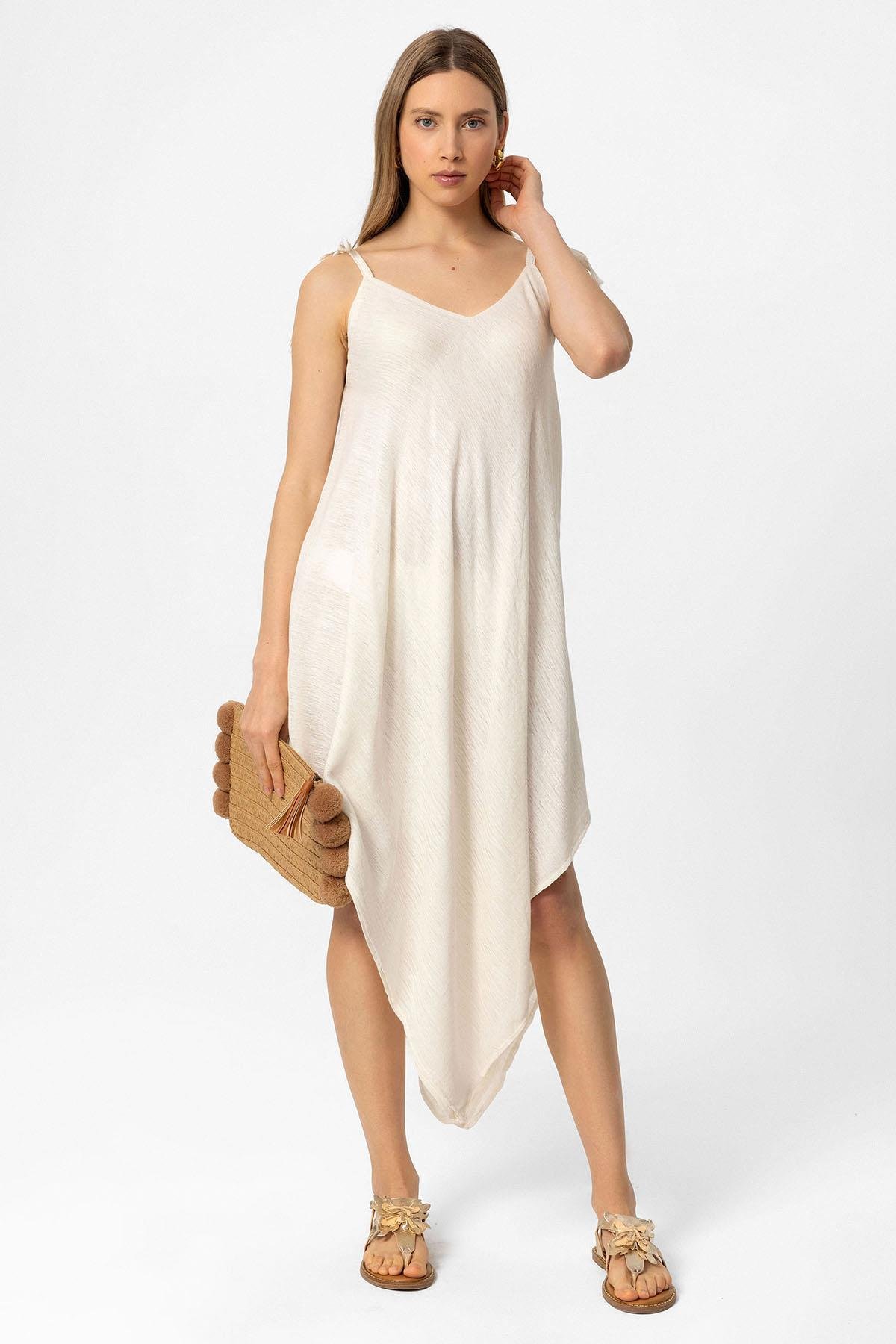 Beyaz Şile Bezi Askılı Kolsuz Asimetrik Yazlık Astarsız Plaj Pamuklu Elbise