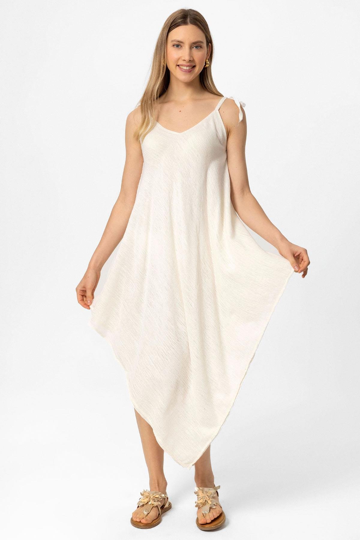 Beyaz Şile Bezi Askılı Kolsuz Asimetrik Yazlık Astarsız Plaj Pamuklu Elbise