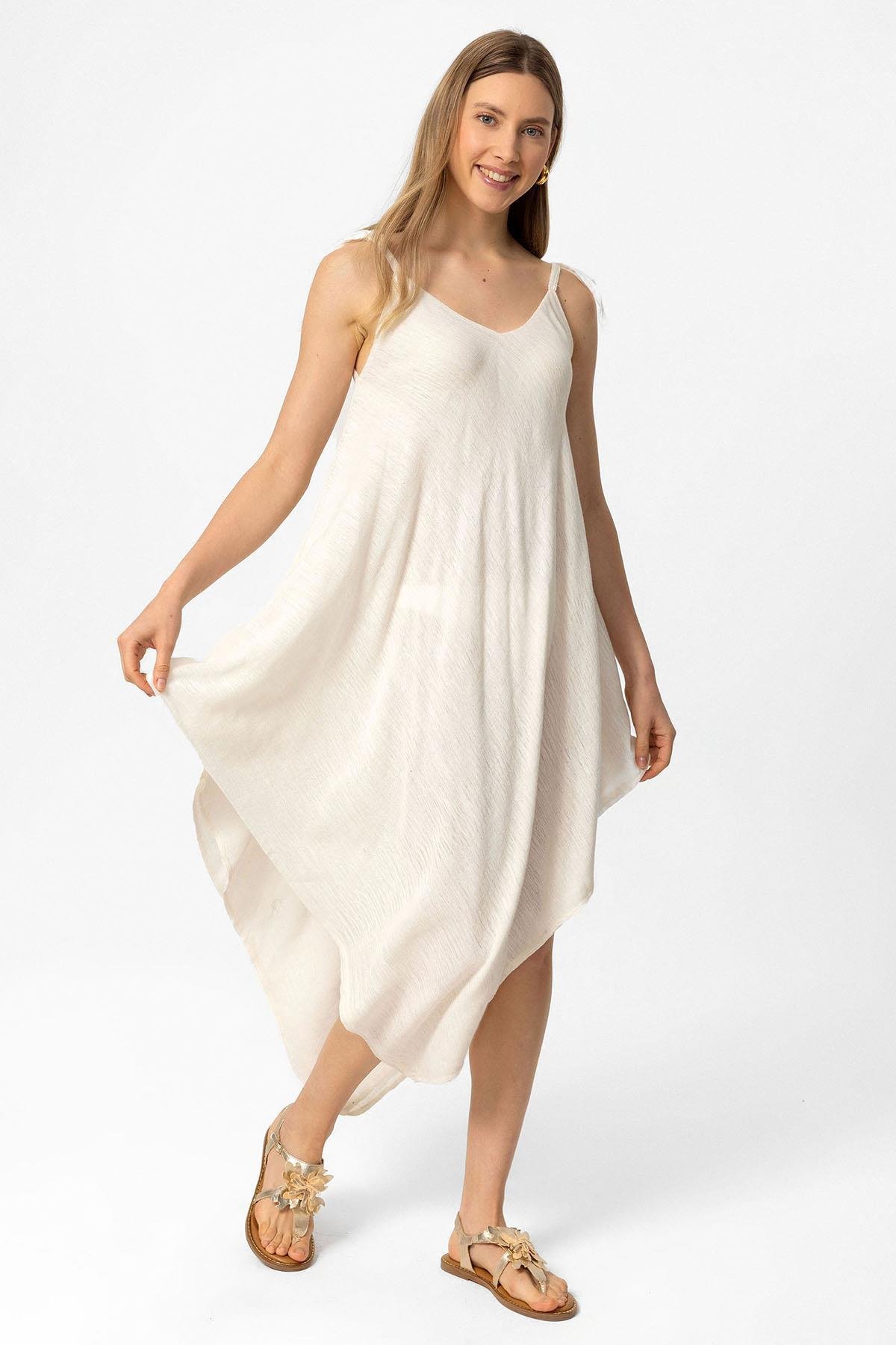 Beyaz Şile Bezi Askılı Kolsuz Asimetrik Yazlık Astarsız Plaj Pamuklu Elbise