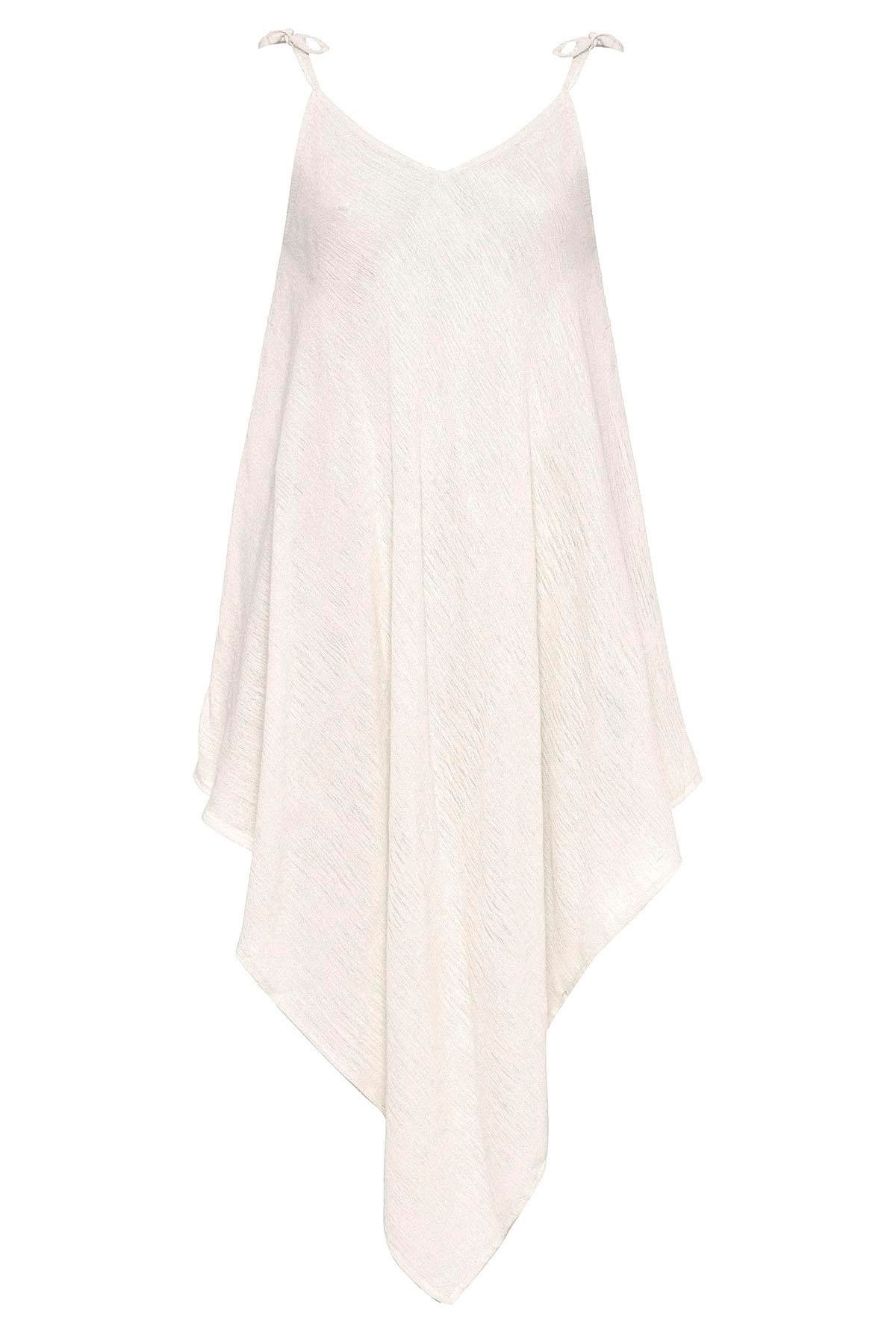 Beyaz Şile Bezi Askılı Kolsuz Asimetrik Yazlık Astarsız Plaj Pamuklu Elbise
