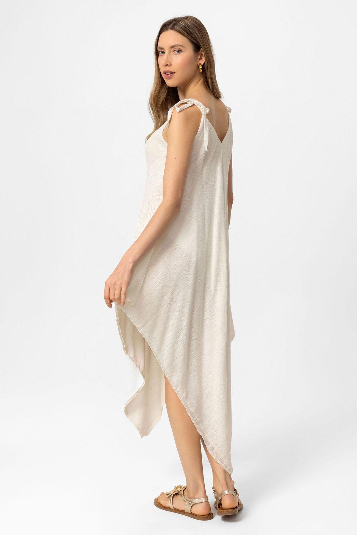 Beyaz Şile Bezi Askılı Kolsuz Asimetrik Yazlık Astarsız Plaj Pamuklu Elbise