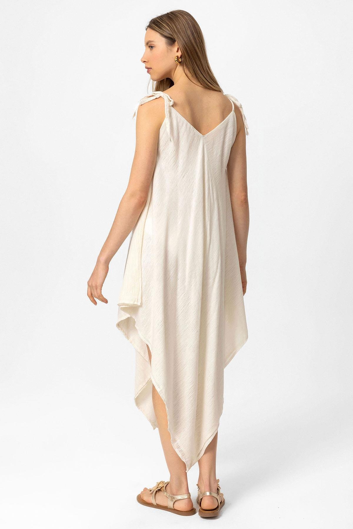 Beyaz Şile Bezi Askılı Kolsuz Asimetrik Yazlık Astarsız Plaj Pamuklu Elbise