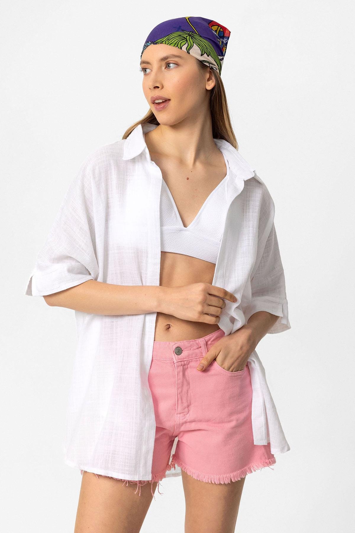 Beyaz Şile Bezi Düğmesiz Kısa Kollu Yaka Yazlık Astarsız Pamuklu Gömlek 