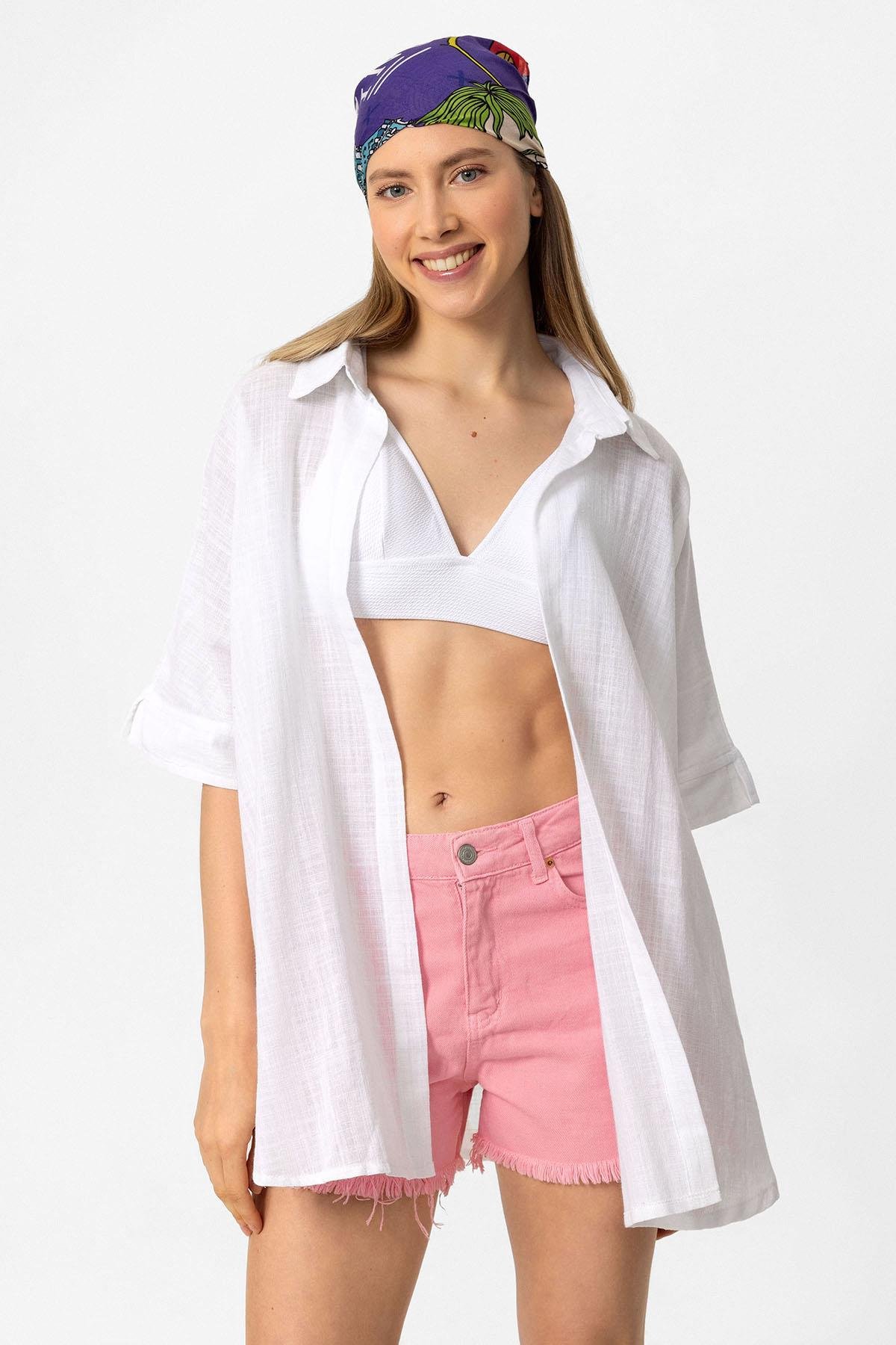 Beyaz Şile Bezi Düğmesiz Kısa Kollu Yaka Yazlık Astarsız Pamuklu Gömlek 