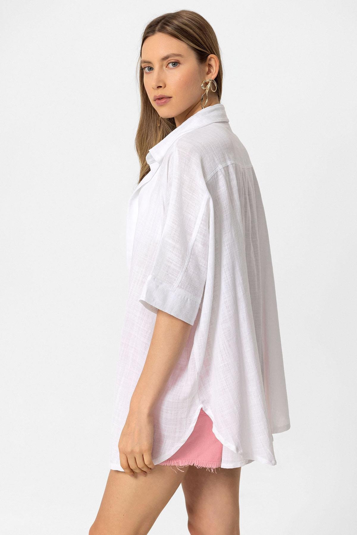 Beyaz Şile Bezi Düğmesiz Kısa Kollu Yaka Yazlık Astarsız Pamuklu Gömlek 