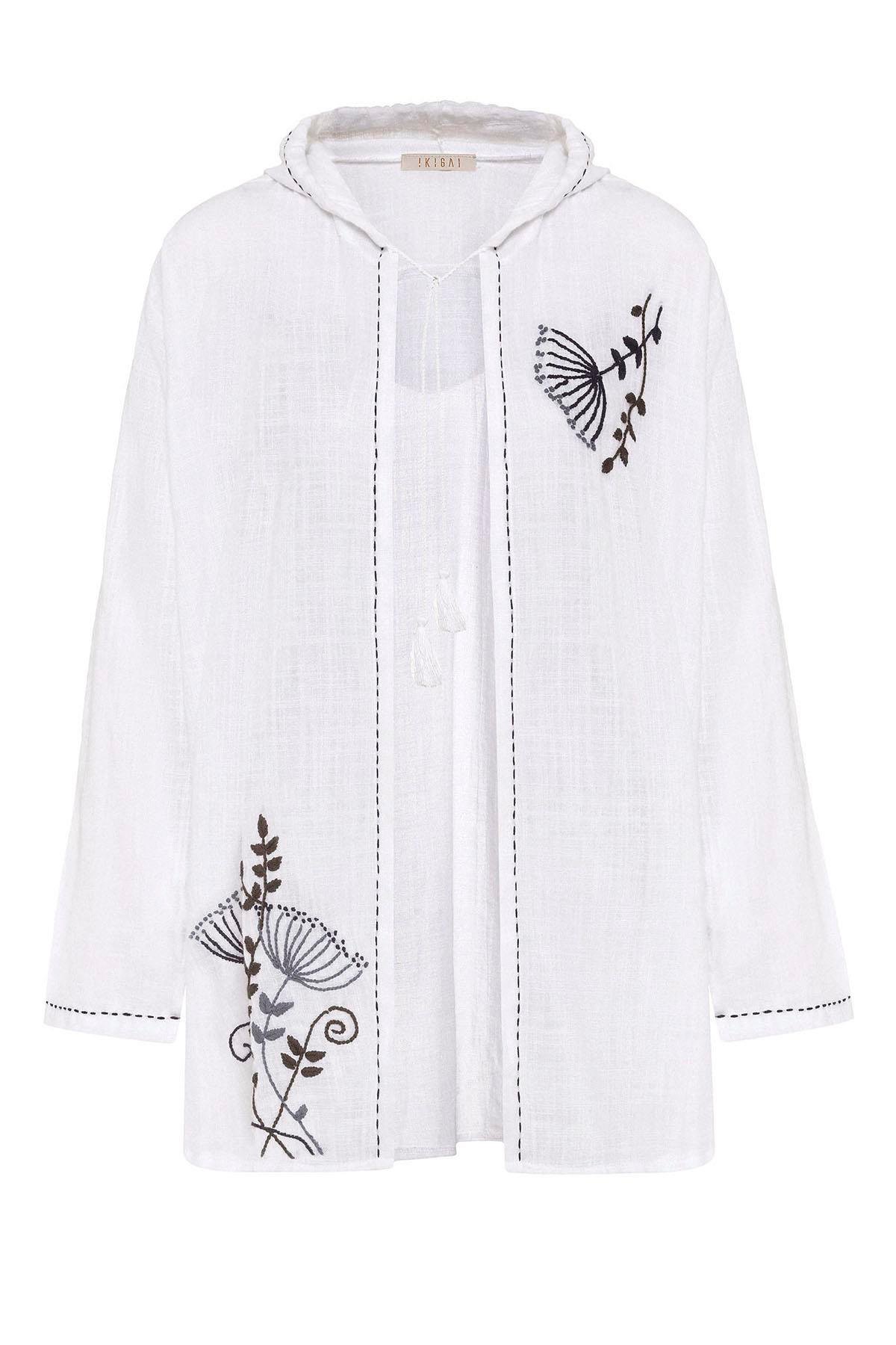 Beyaz Şile Bezi Uzun Kollu Çiçek İşlemeli Yazlık Plaj Pamuklu Kimono