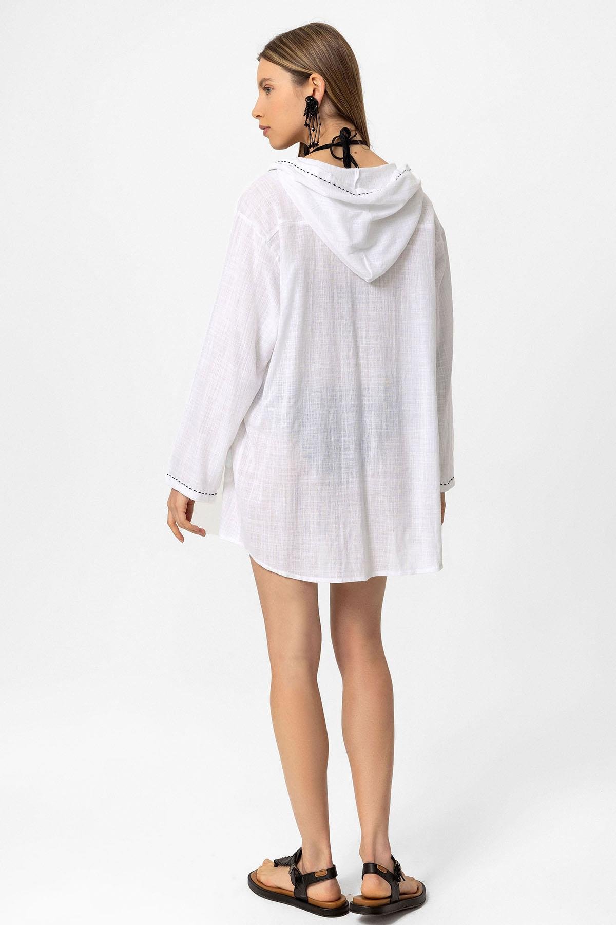 Beyaz Şile Bezi Uzun Kollu Çiçek İşlemeli Yazlık Plaj Pamuklu Kimono