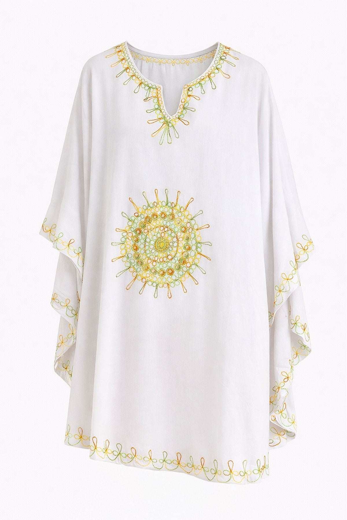 Beyaz Şile Bezi Yarasa Kollu Işlemeli Kısa Yazlık Astarsız Plaj Pamuklu Kaftan Elbise