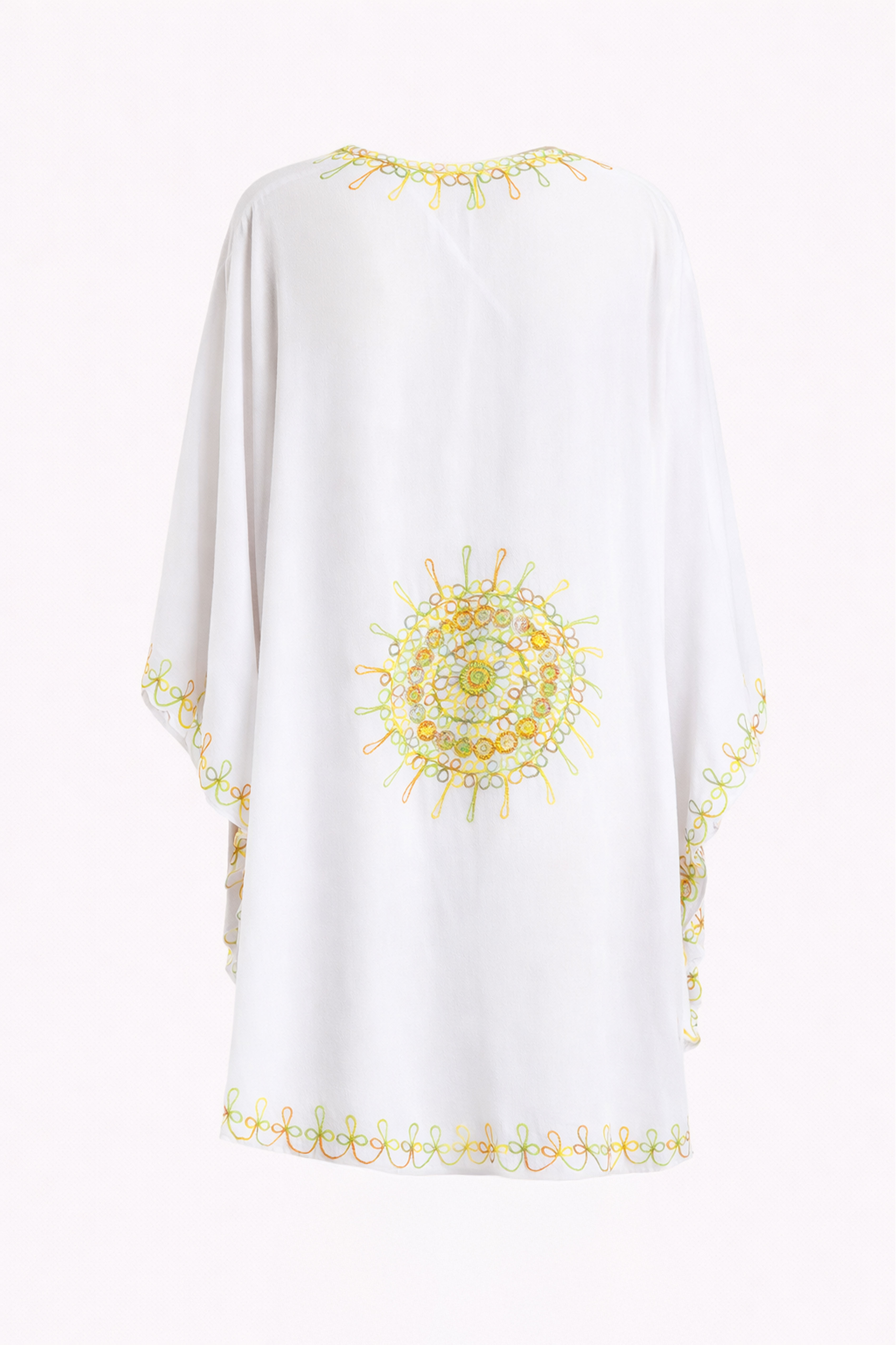 Beyaz Şile Bezi Yarasa Kollu İşlemeli Kısa Yazlık Astarsız Plaj Pamuklu Kaftan Elbise