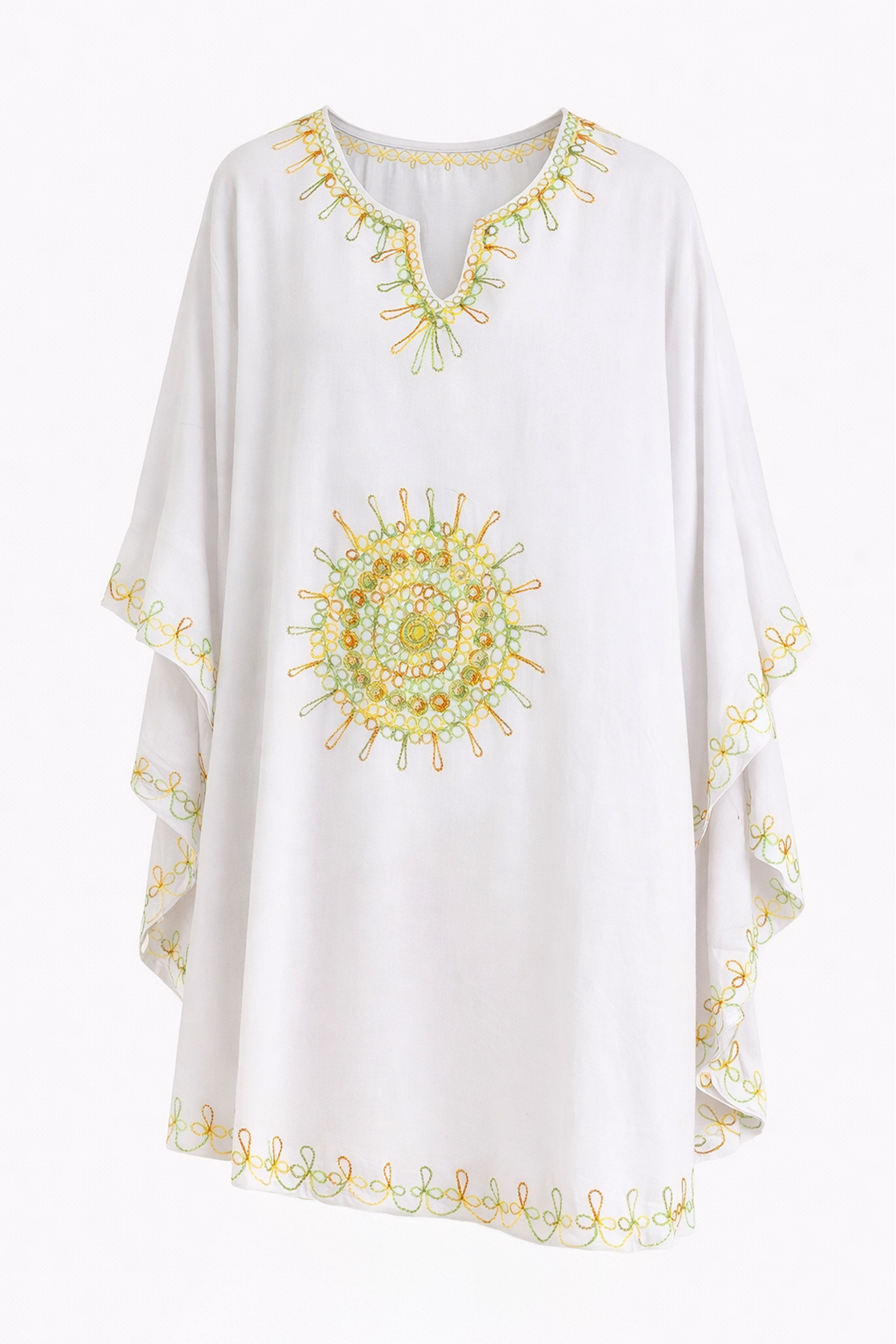 Beyaz Şile Bezi Yarasa Kollu İşlemeli Kısa Yazlık Astarsız Plaj Pamuklu Kaftan Elbise