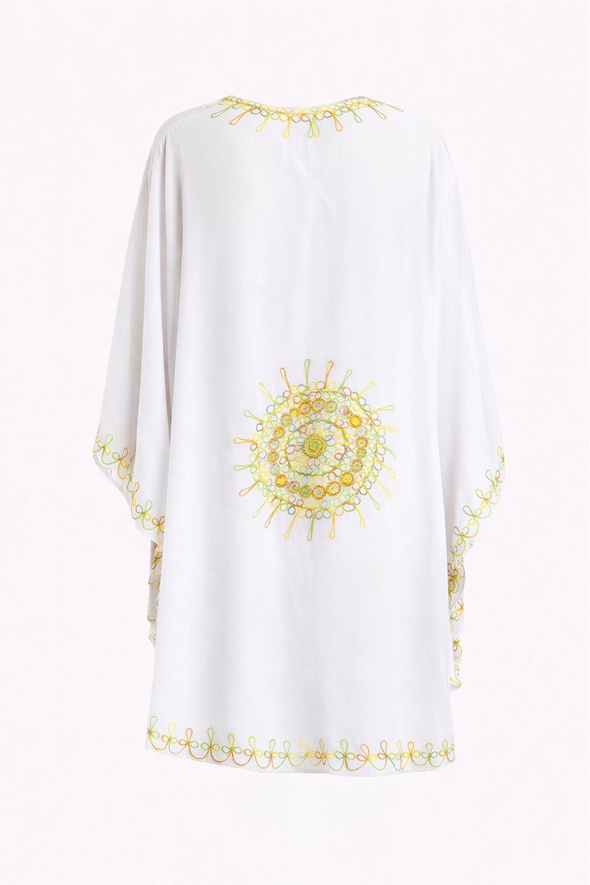 Beyaz Şile Bezi Yarasa Kollu Işlemeli Kısa Yazlık Astarsız Plaj Pamuklu Kaftan Elbise