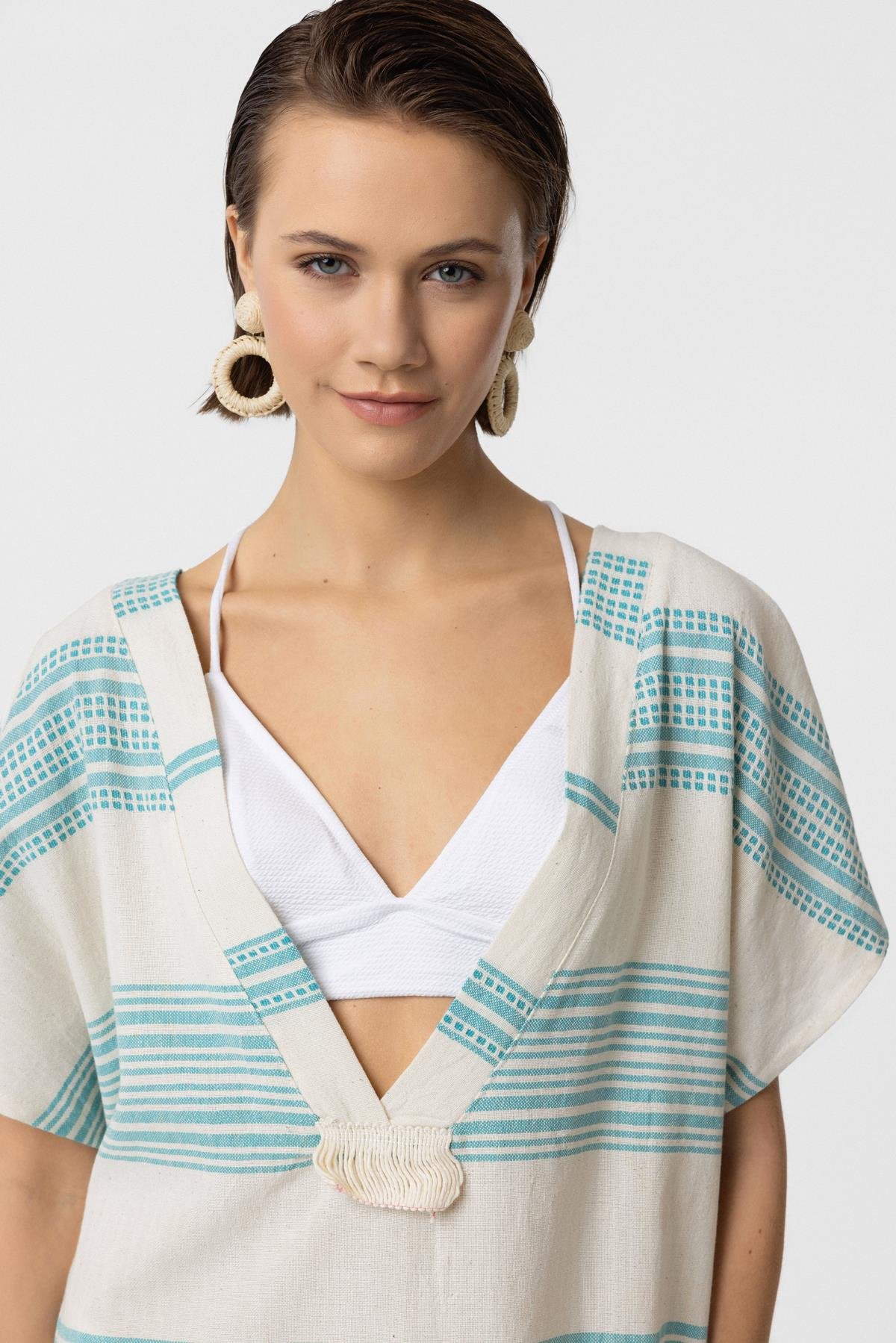 Beyaz Turkuaz Şile Bezi Püskül Detaylı Kısa Kollu V yaka Yazlık Astarsız Plaj Pamuklu Elbise