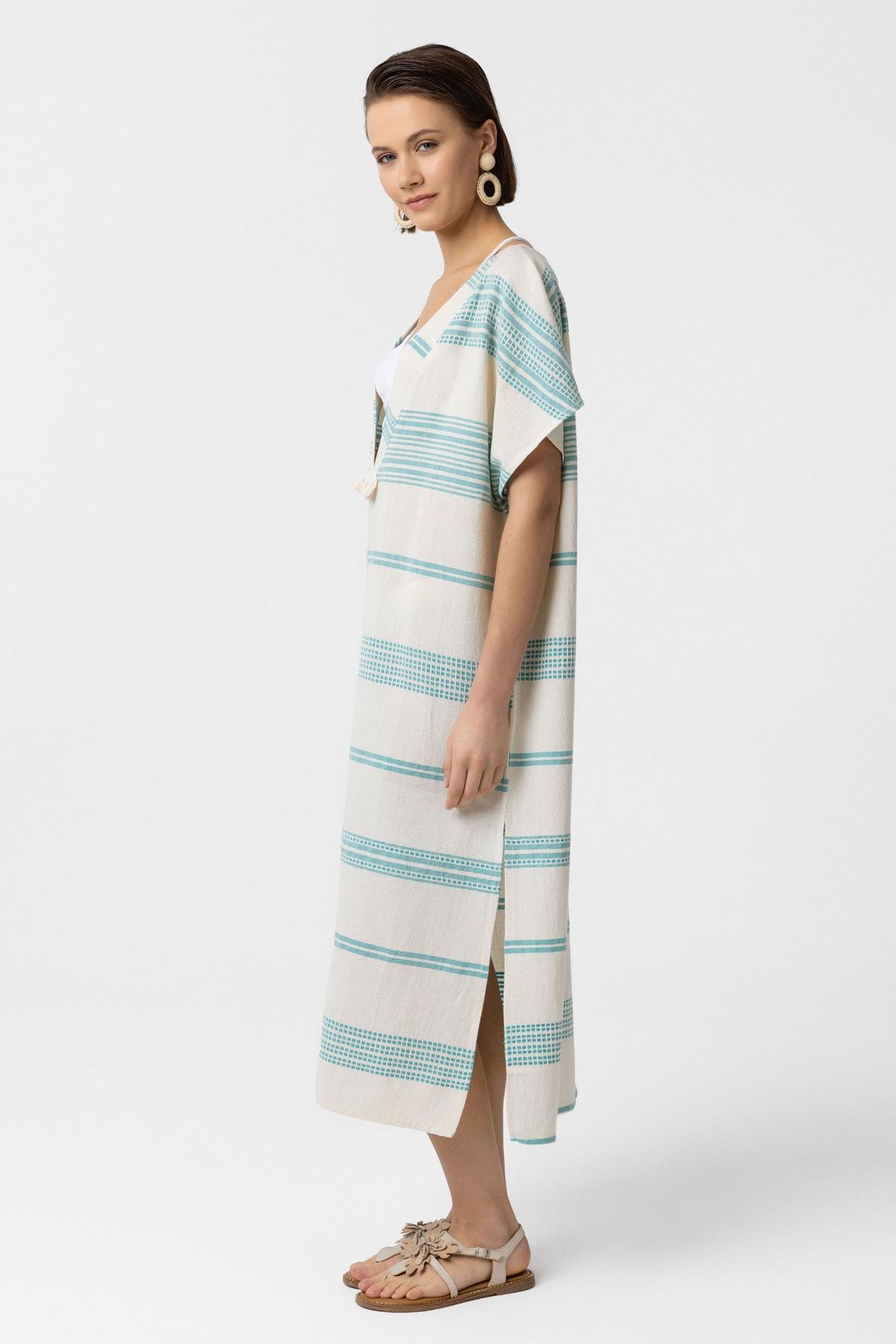 Beyaz Turkuaz Şile Bezi Püskül Detaylı Kısa Kollu V yaka Yazlık Astarsız Plaj Pamuklu Elbise