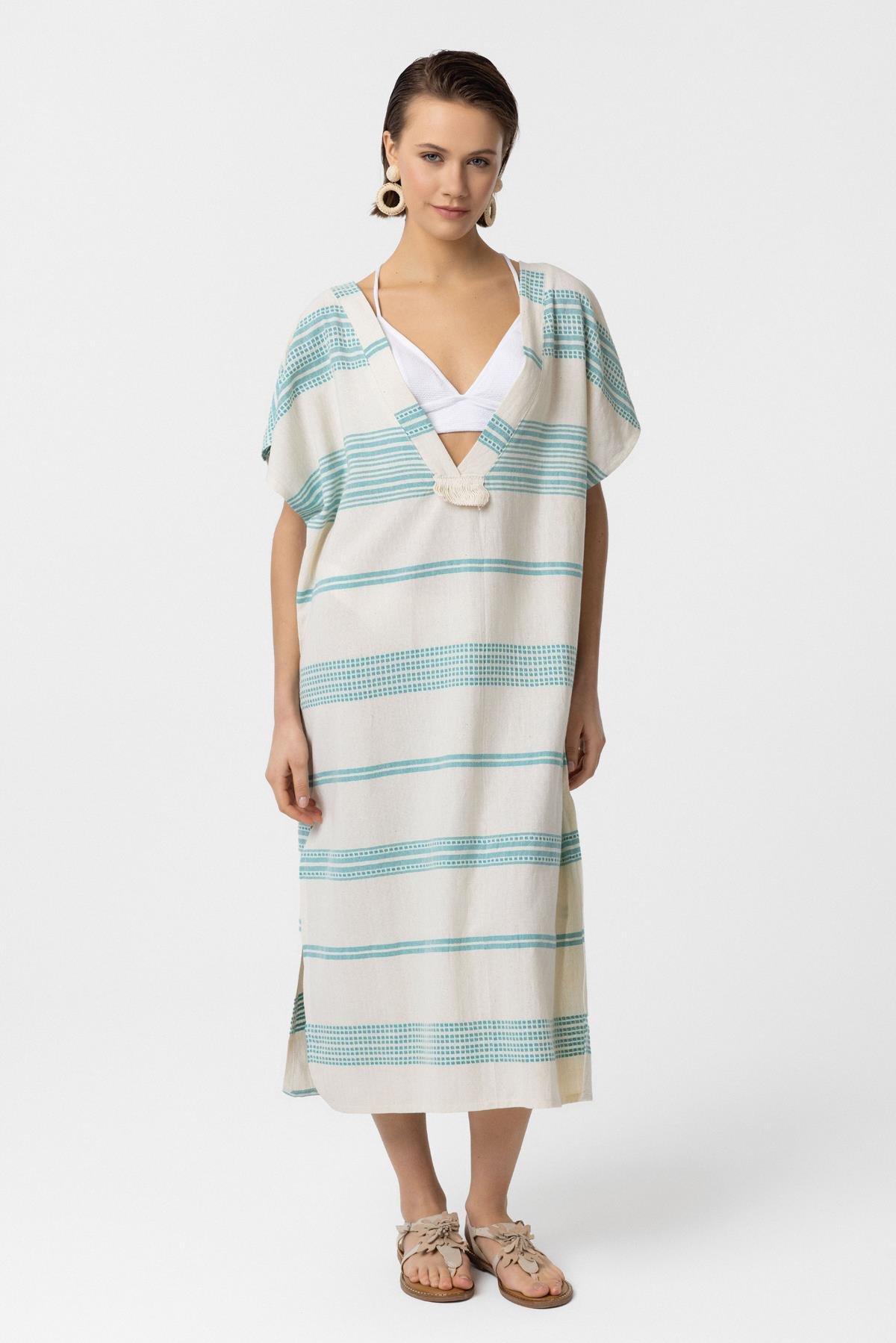 Beyaz Turkuaz Şile Bezi Püskül Detaylı Kısa Kollu V yaka Yazlık Astarsız Plaj Pamuklu Elbise