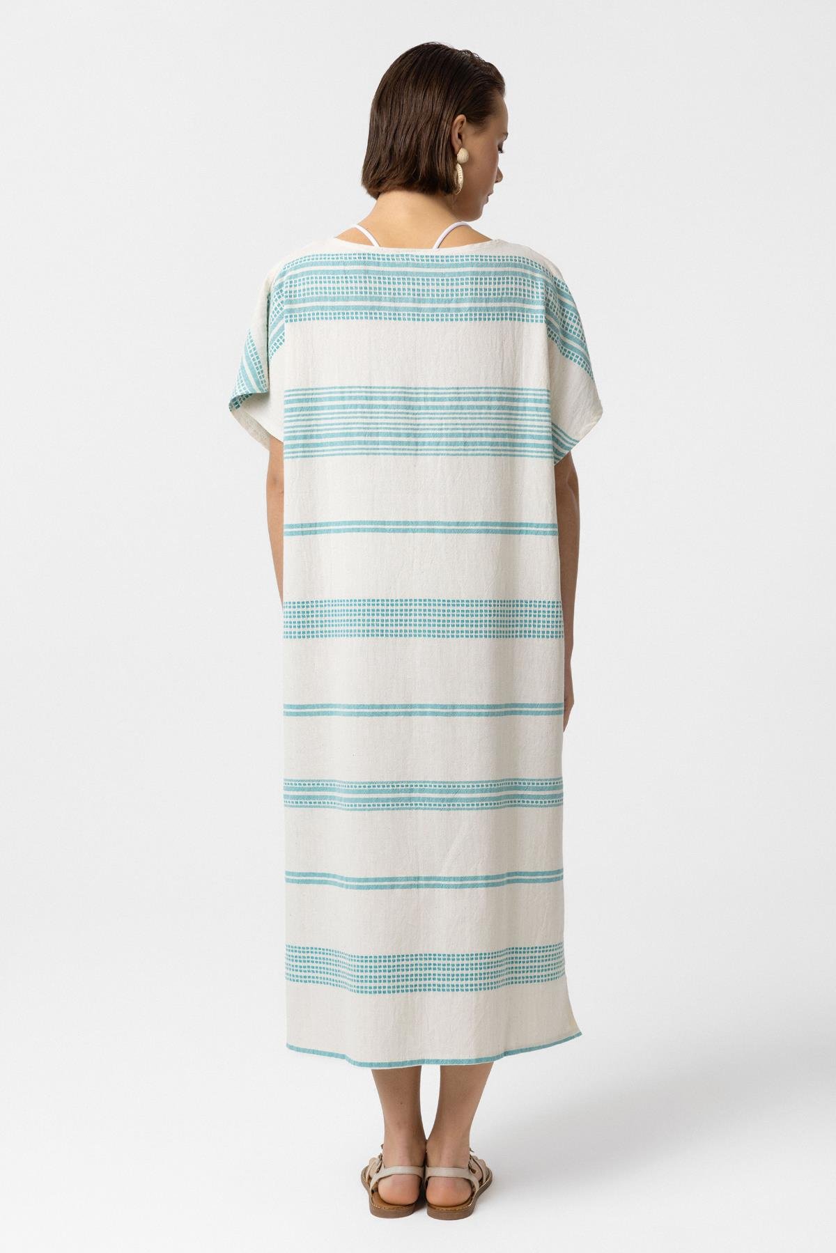 Beyaz Turkuaz Şile Bezi Püskül Detaylı Kısa Kollu V yaka Yazlık Astarsız Plaj Pamuklu Elbise