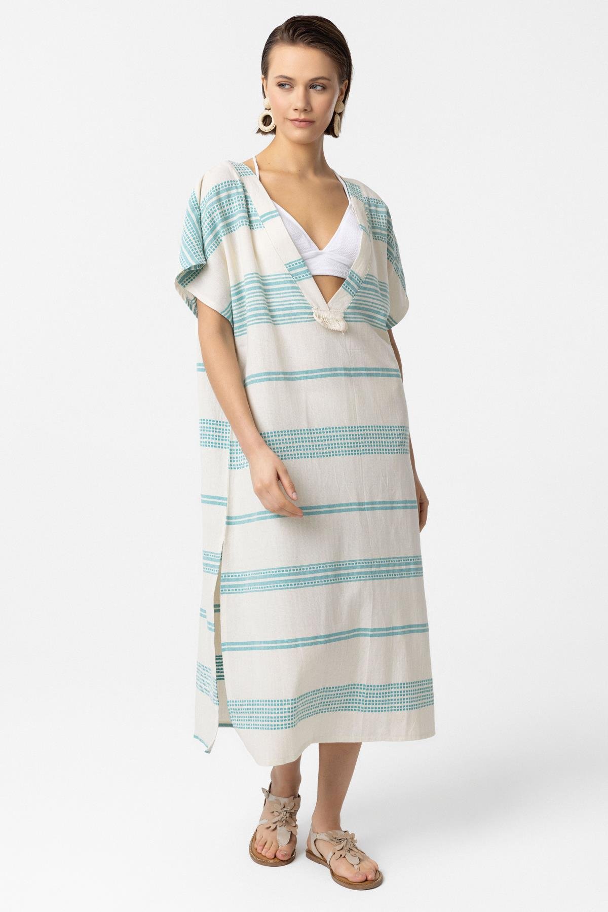 Beyaz Turkuaz Şile Bezi Püskül Detaylı Kısa Kollu V yaka Yazlık Astarsız Plaj Pamuklu Elbise