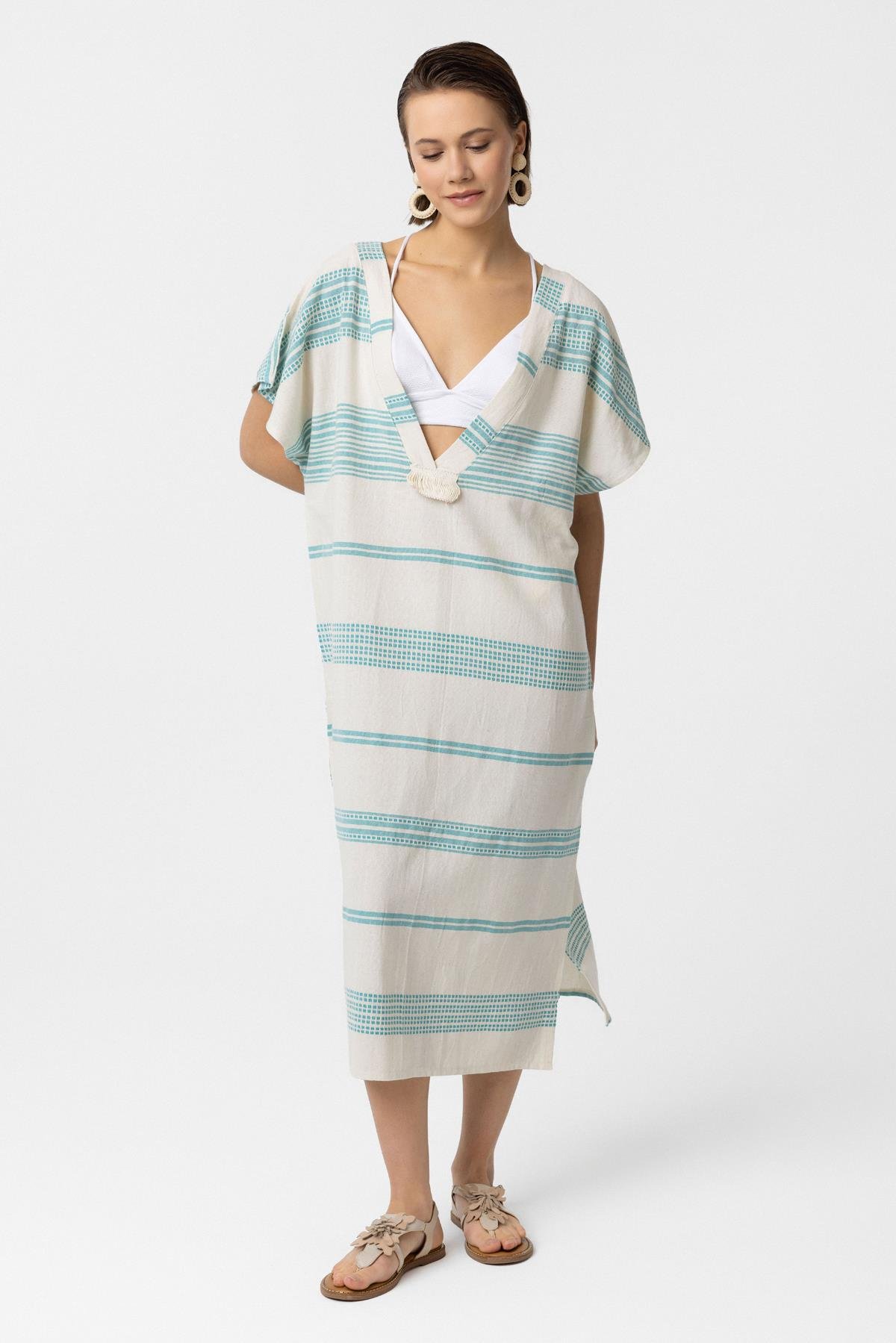 Beyaz Turkuaz Şile Bezi Püskül Detaylı Kısa Kollu V yaka Yazlık Astarsız Plaj Pamuklu Elbise