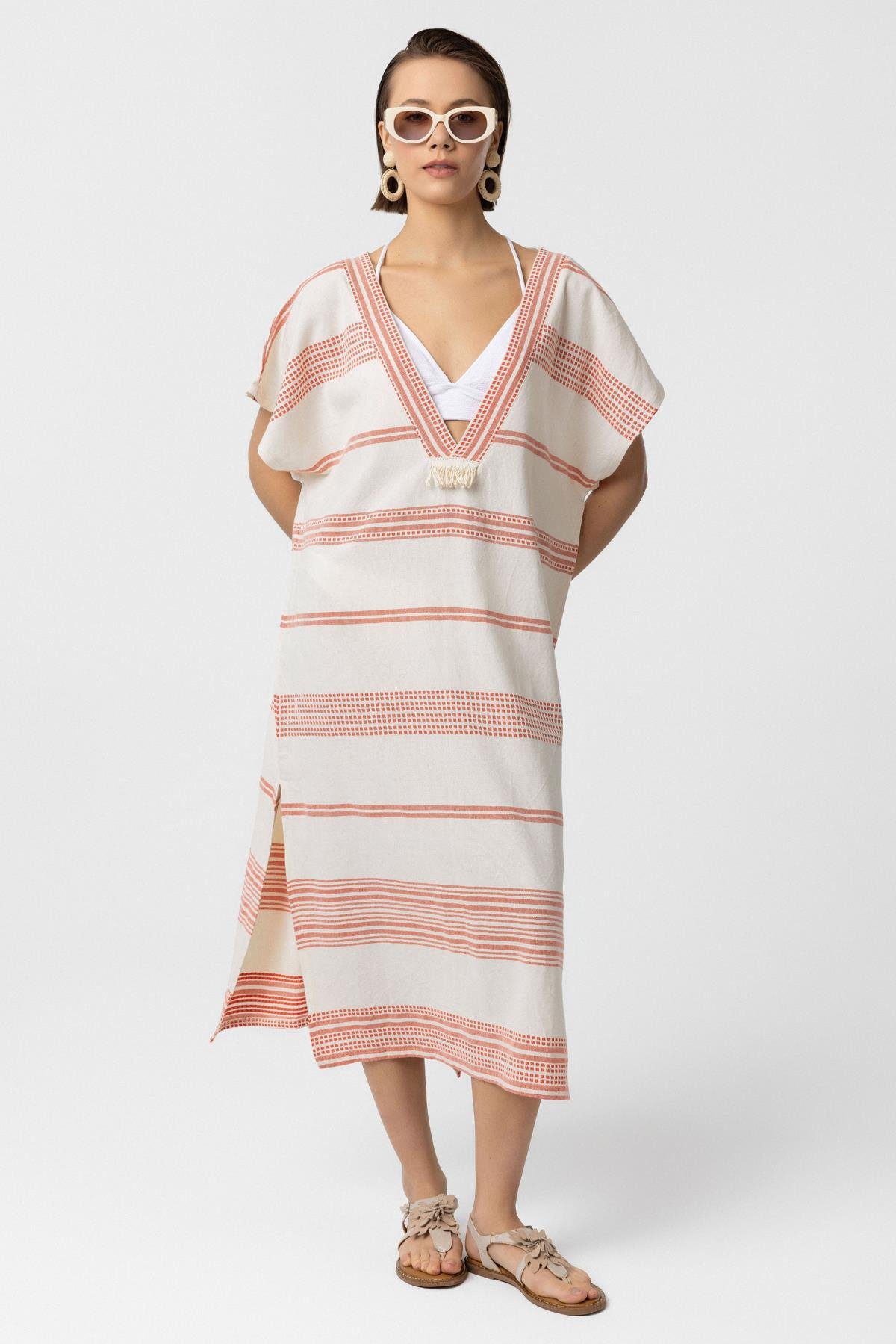 Beyaz Turuncu Şile Bezi Püskül Detaylı Kısa Kollu V yaka Yazlık Astarsız Plaj Pamuklu Elbise