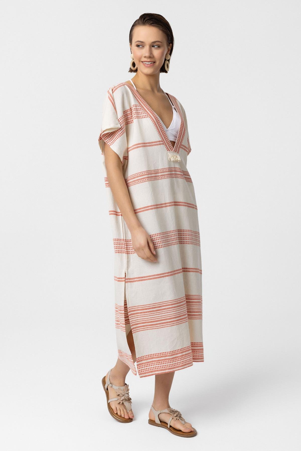 Beyaz Turuncu Şile Bezi Püskül Detaylı Kısa Kollu V yaka Yazlık Astarsız Plaj Pamuklu Elbise