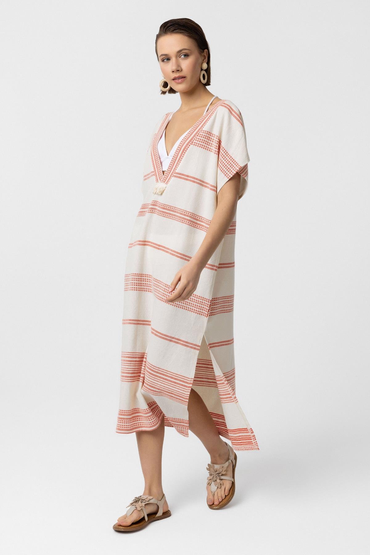 Beyaz Turuncu Şile Bezi Püskül Detaylı Kısa Kollu V yaka Yazlık Astarsız Plaj Pamuklu Elbise