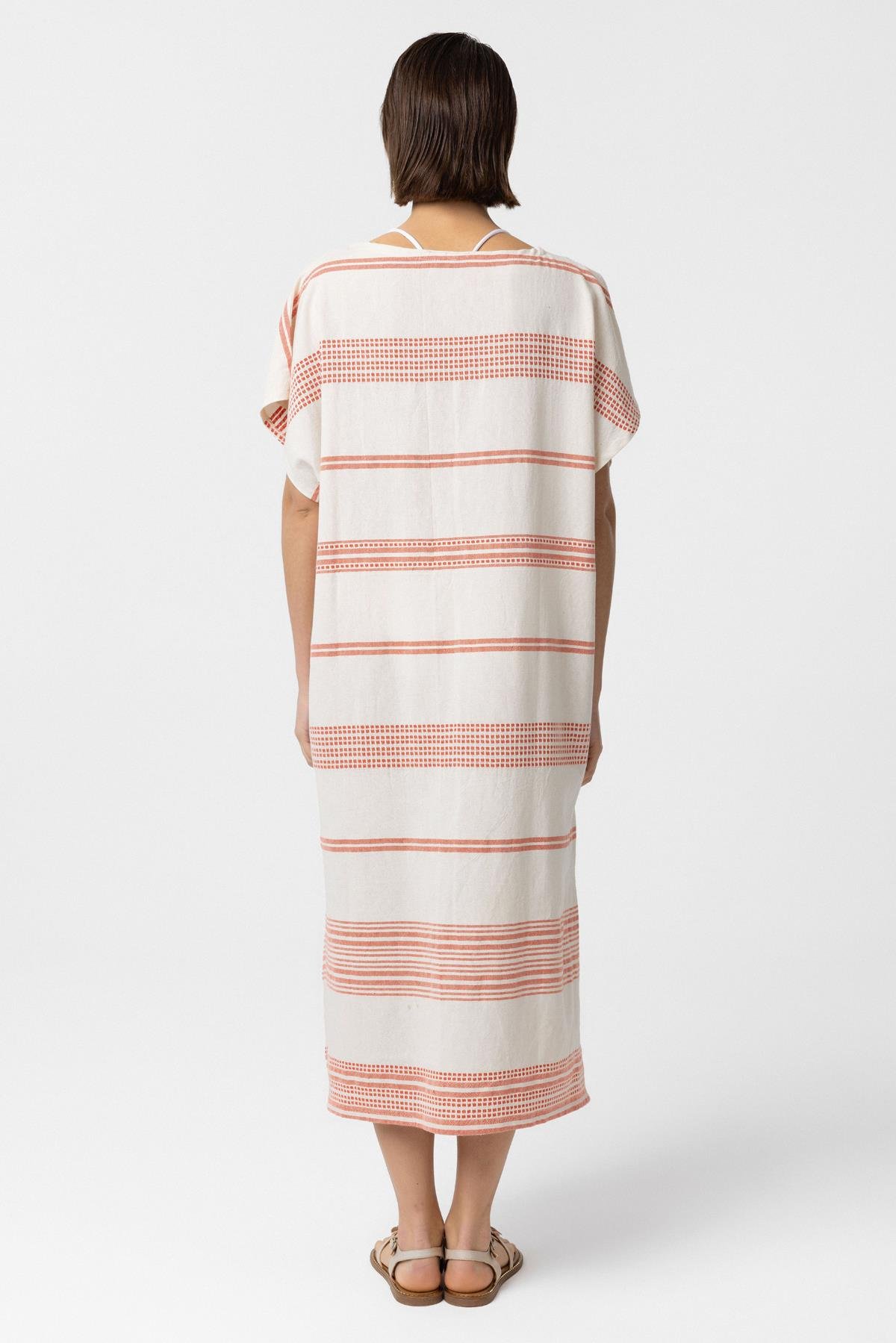 Beyaz Turuncu Şile Bezi Püskül Detaylı Kısa Kollu V yaka Yazlık Astarsız Plaj Pamuklu Elbise