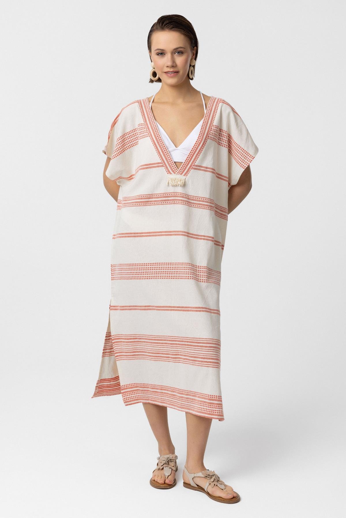Beyaz Turuncu Şile Bezi Püskül Detaylı Kısa Kollu V yaka Yazlık Astarsız Plaj Pamuklu Elbise