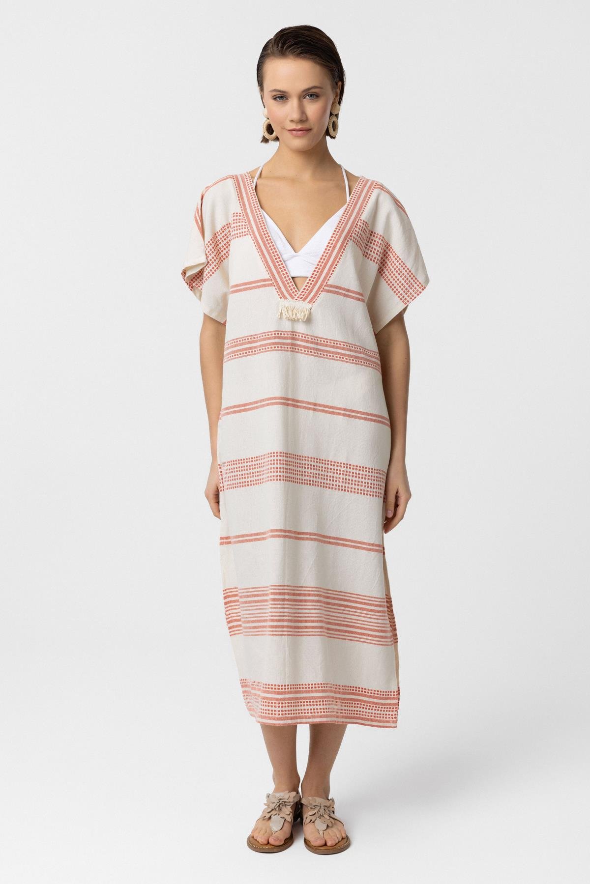 Beyaz Turuncu Şile Bezi Püskül Detaylı Kısa Kollu V yaka Yazlık Astarsız Plaj Pamuklu Elbise