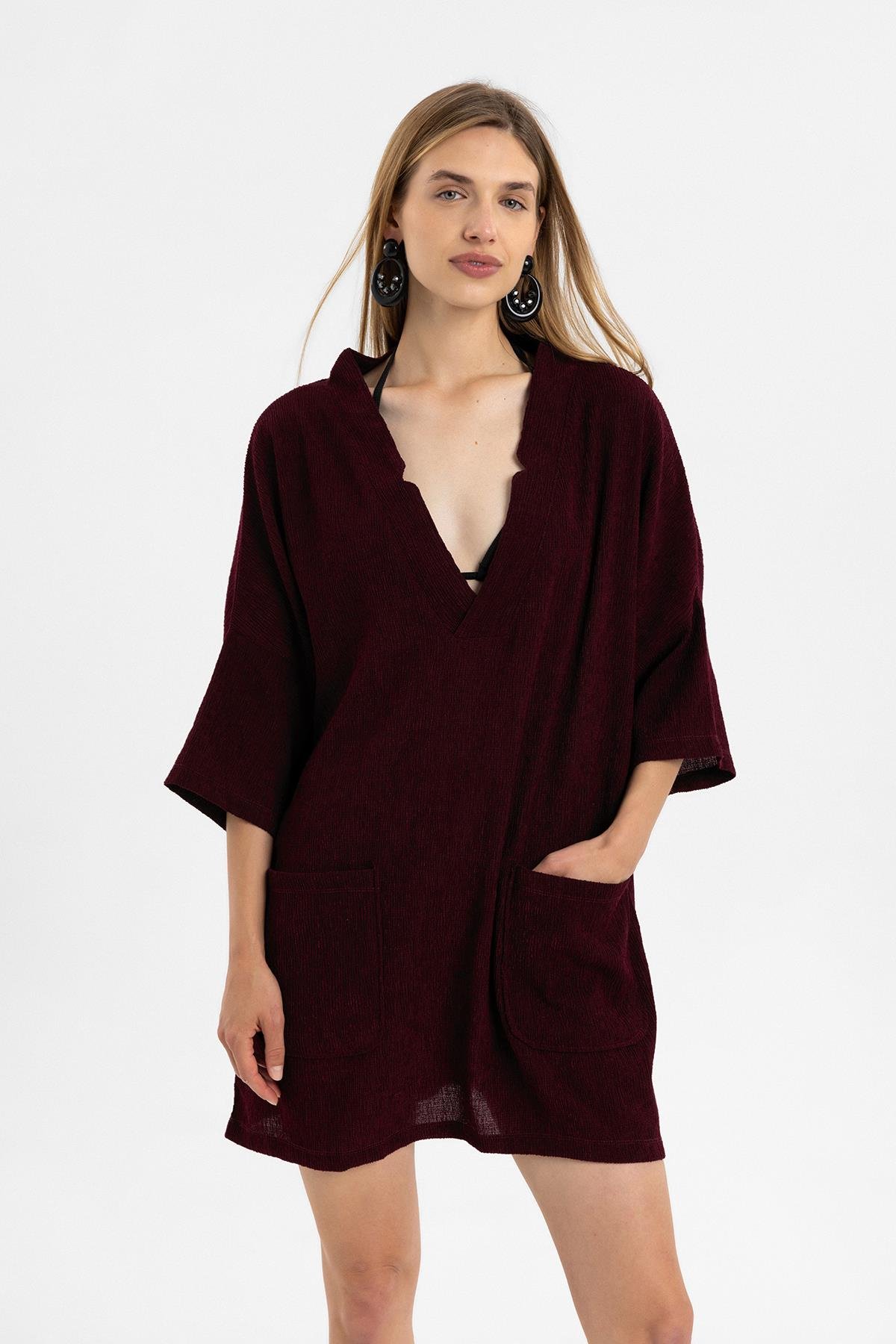 Bordo Kısa Kollu V Yaka Torba Cepli Bol Kesim Pamuklu Plaj Elbise