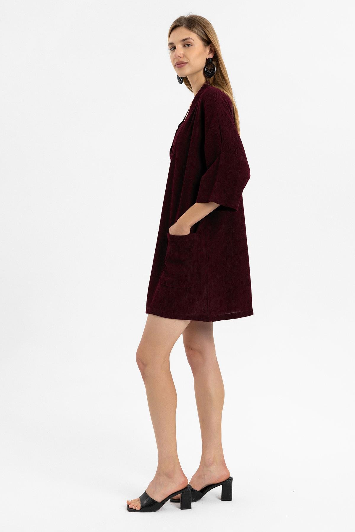 Bordo Kısa Kollu V Yaka Torba Cepli Bol Kesim Pamuklu Plaj Elbise