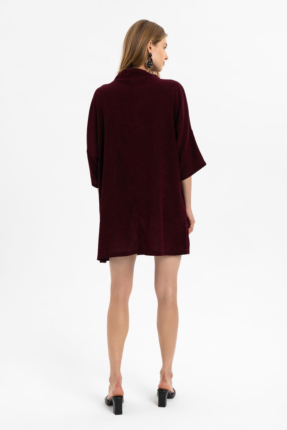 Bordo Kısa Kollu V Yaka Torba Cepli Bol Kesim Pamuklu Plaj Elbise