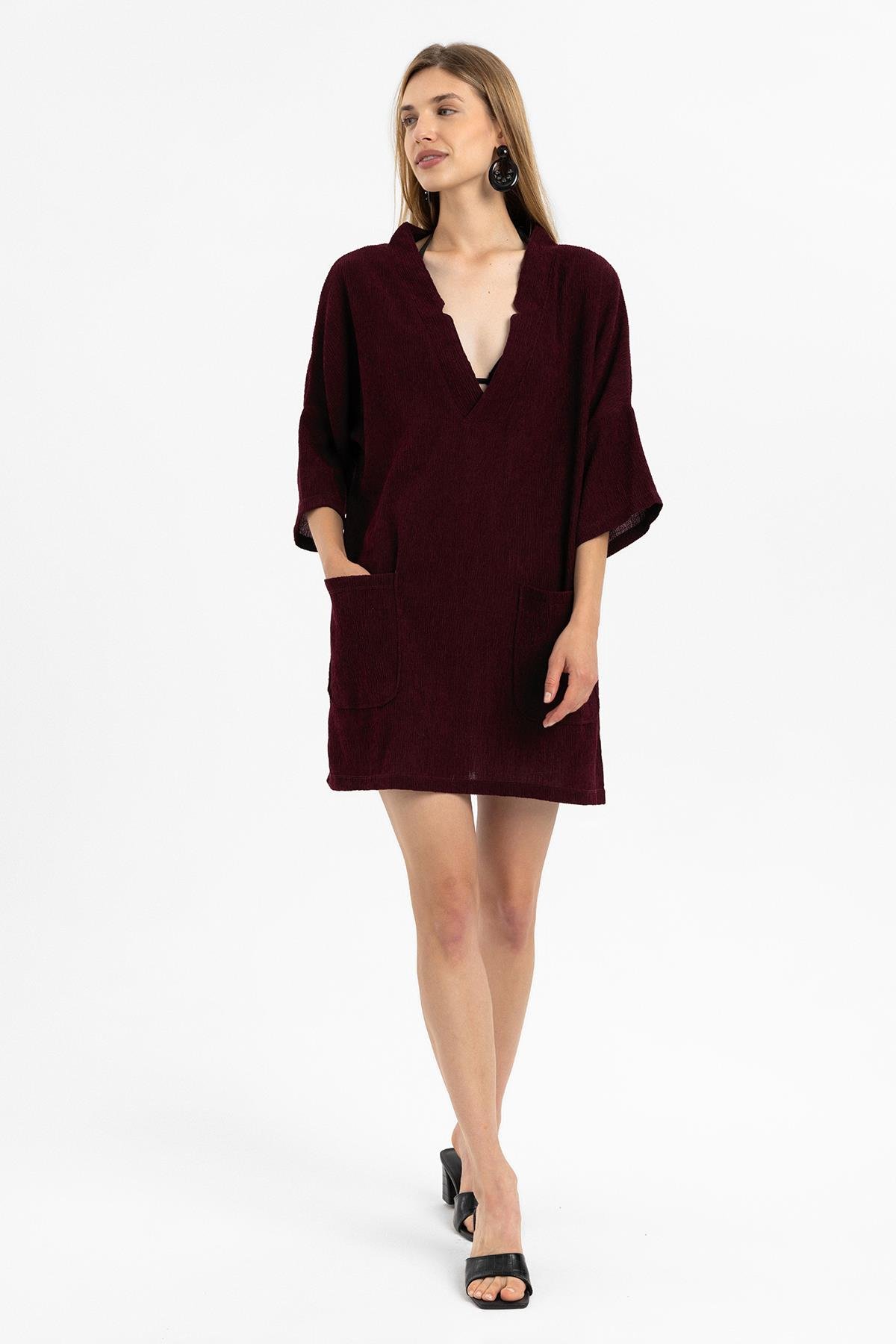 Bordo Kısa Kollu V Yaka Torba Cepli Bol Kesim Pamuklu Plaj Elbise