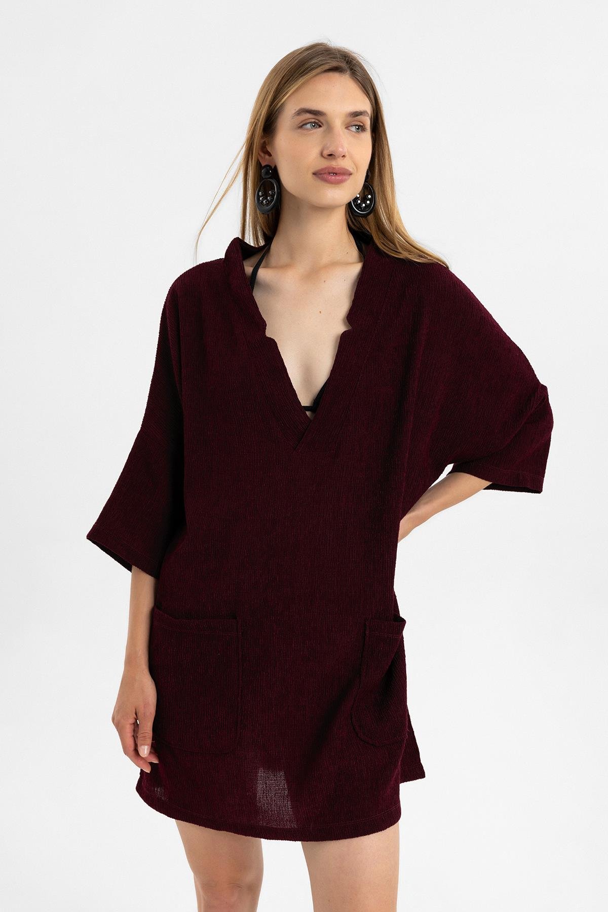 Bordo Kısa Kollu V Yaka Torba Cepli Bol Kesim Pamuklu Plaj Elbise