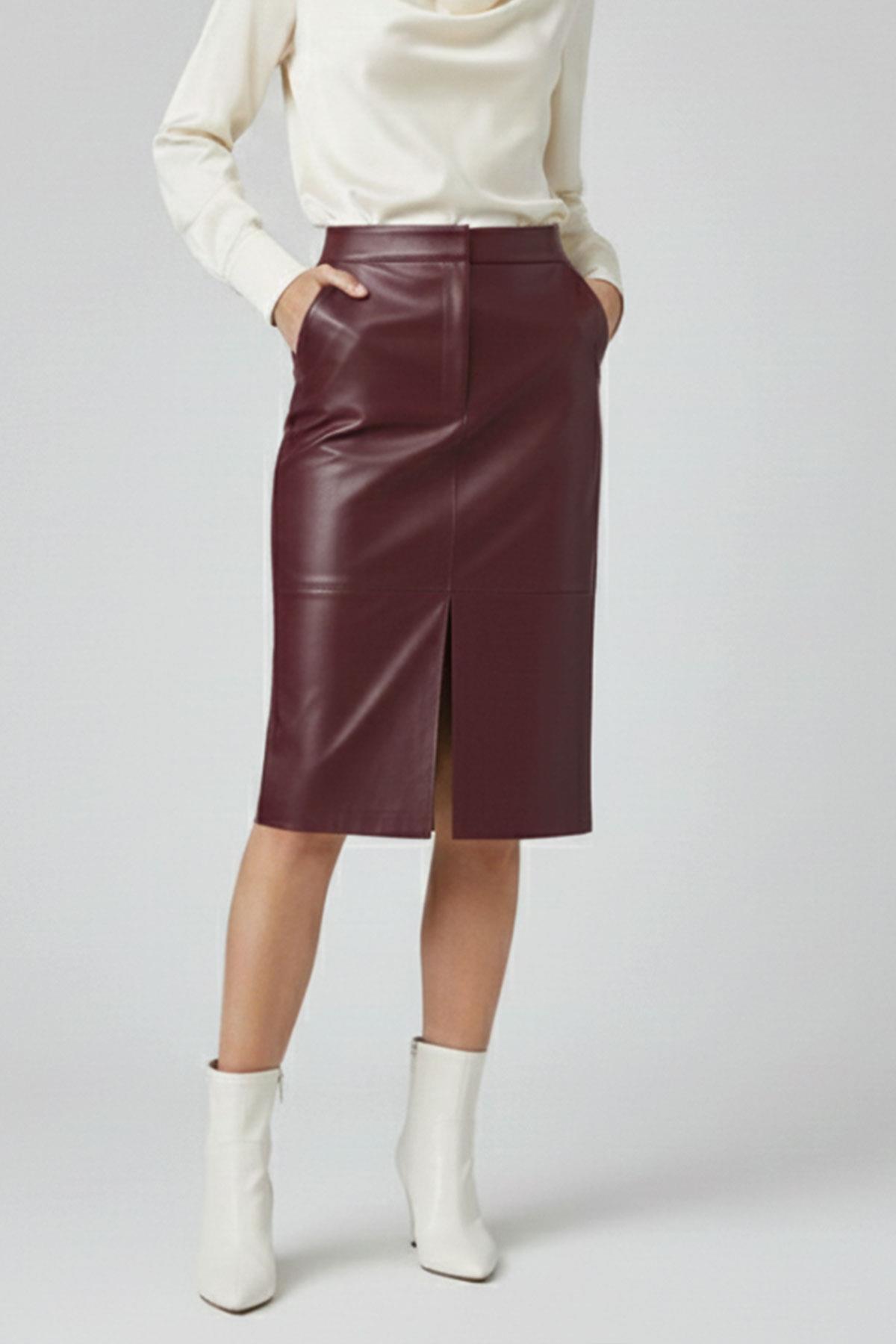 Bordo Lina Yırtmaç Detaylı Midi Hakiki Deri Kadın Etek