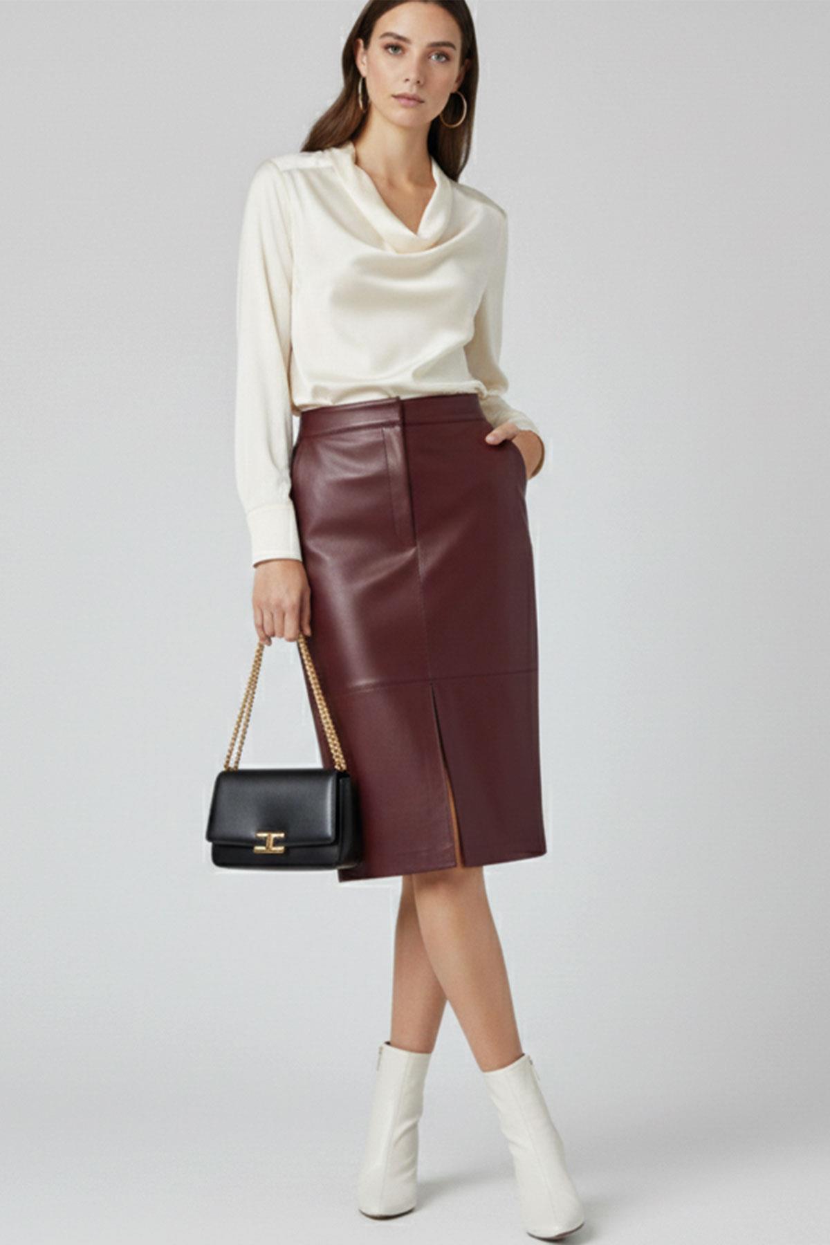 Bordo Lina Yırtmaç Detaylı Midi Hakiki Deri Kadın Etek