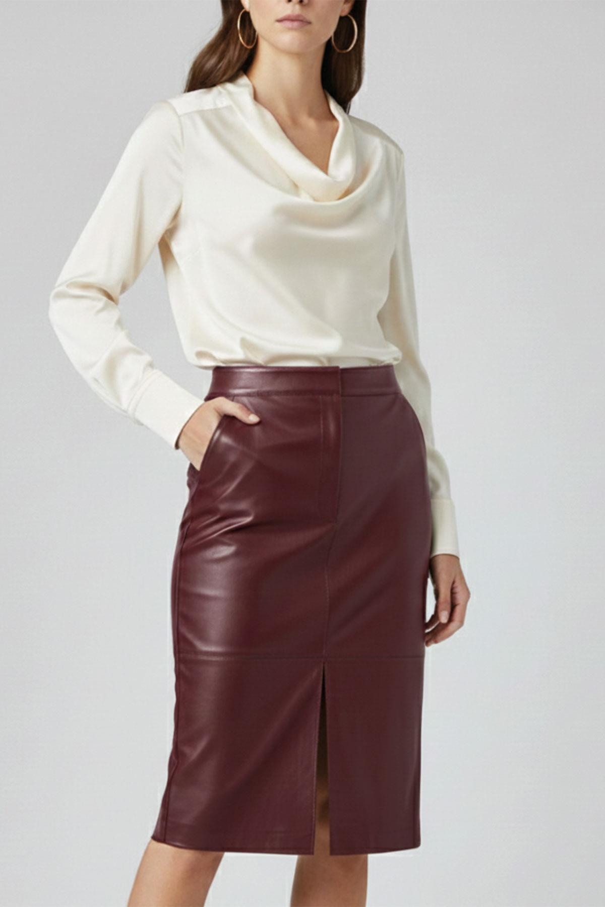 Bordo Lina Yırtmaç Detaylı Midi Hakiki Deri Kadın Etek