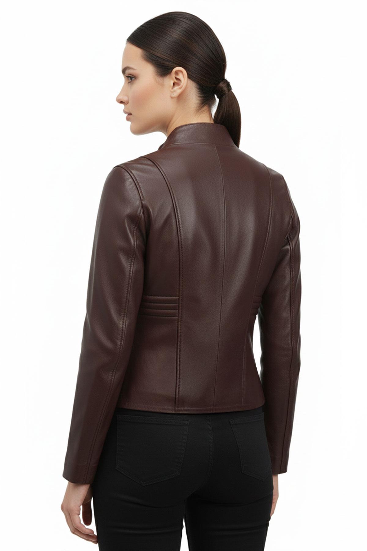 Bordo Lotus Fermuarlı Astarlı Kısa Omuzda Ve Kolda Dikişli Kadın Hakiki Deri Mont