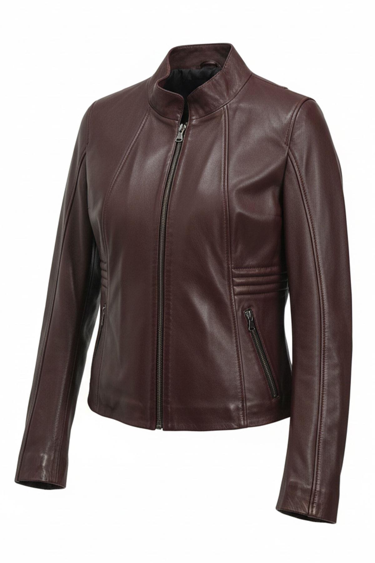 Bordo Lotus Fermuarlı Astarlı Kısa Omuzda Ve Kolda Dikişli Kadın Hakiki Deri Mont