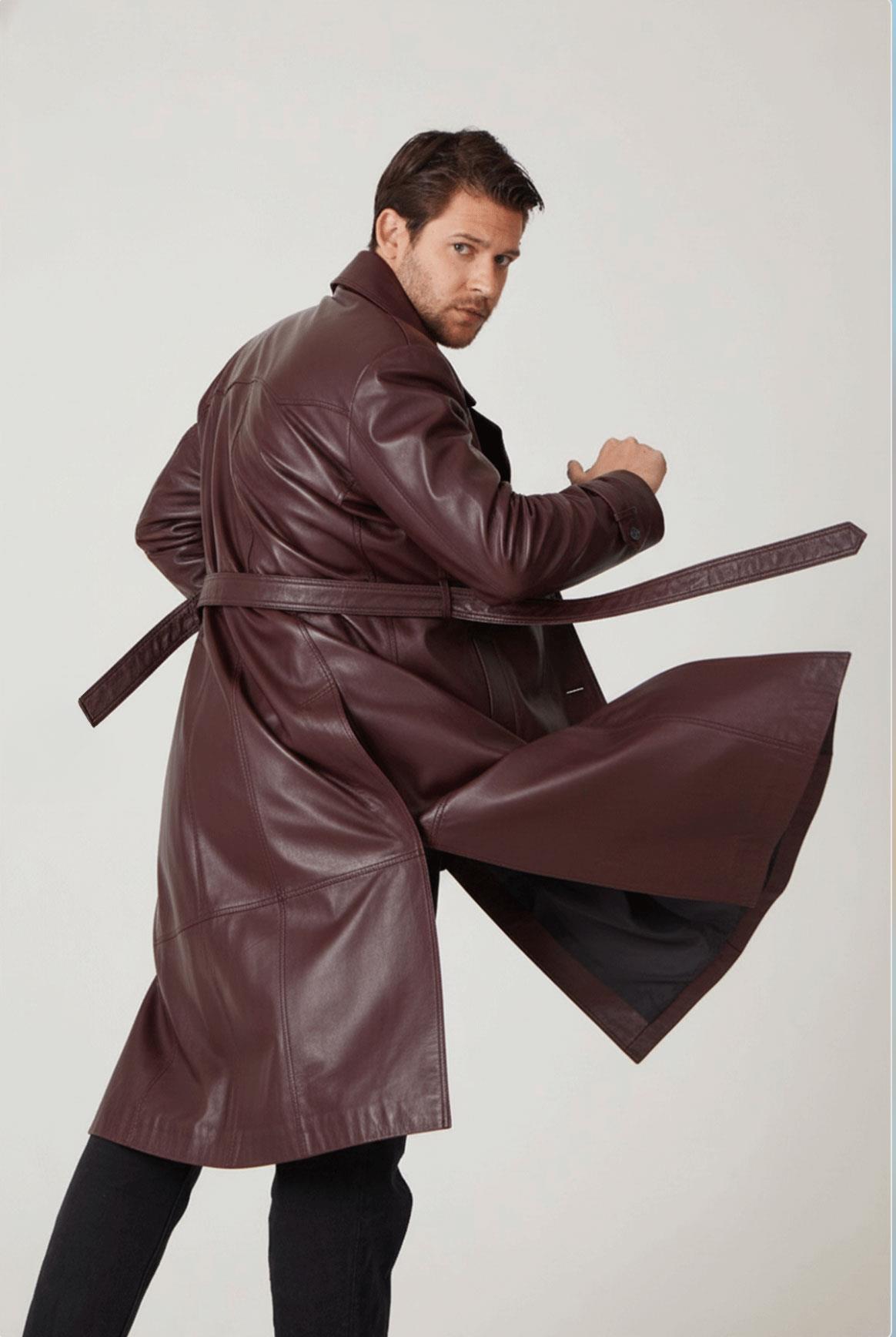 Bordo Matrix Hakiki Deri Kruvaze Düğme Kapamalı Yırtmaçlı Astarlı Kemerli Trençkot Erkek Kaban