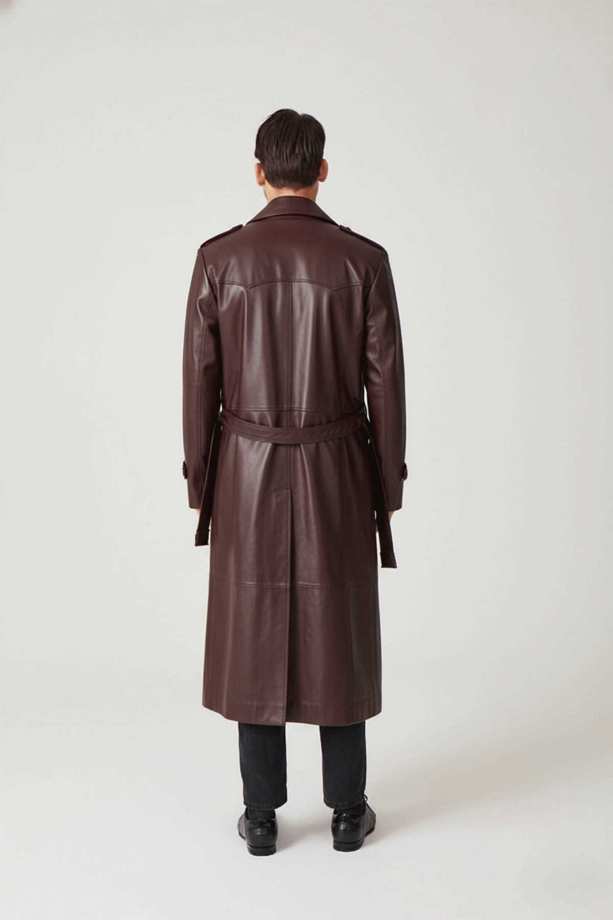 Bordo Matrix Hakiki Deri Kruvaze Düğme Kapamalı Yırtmaçlı Astarlı Kemerli Trençkot Erkek Kaban