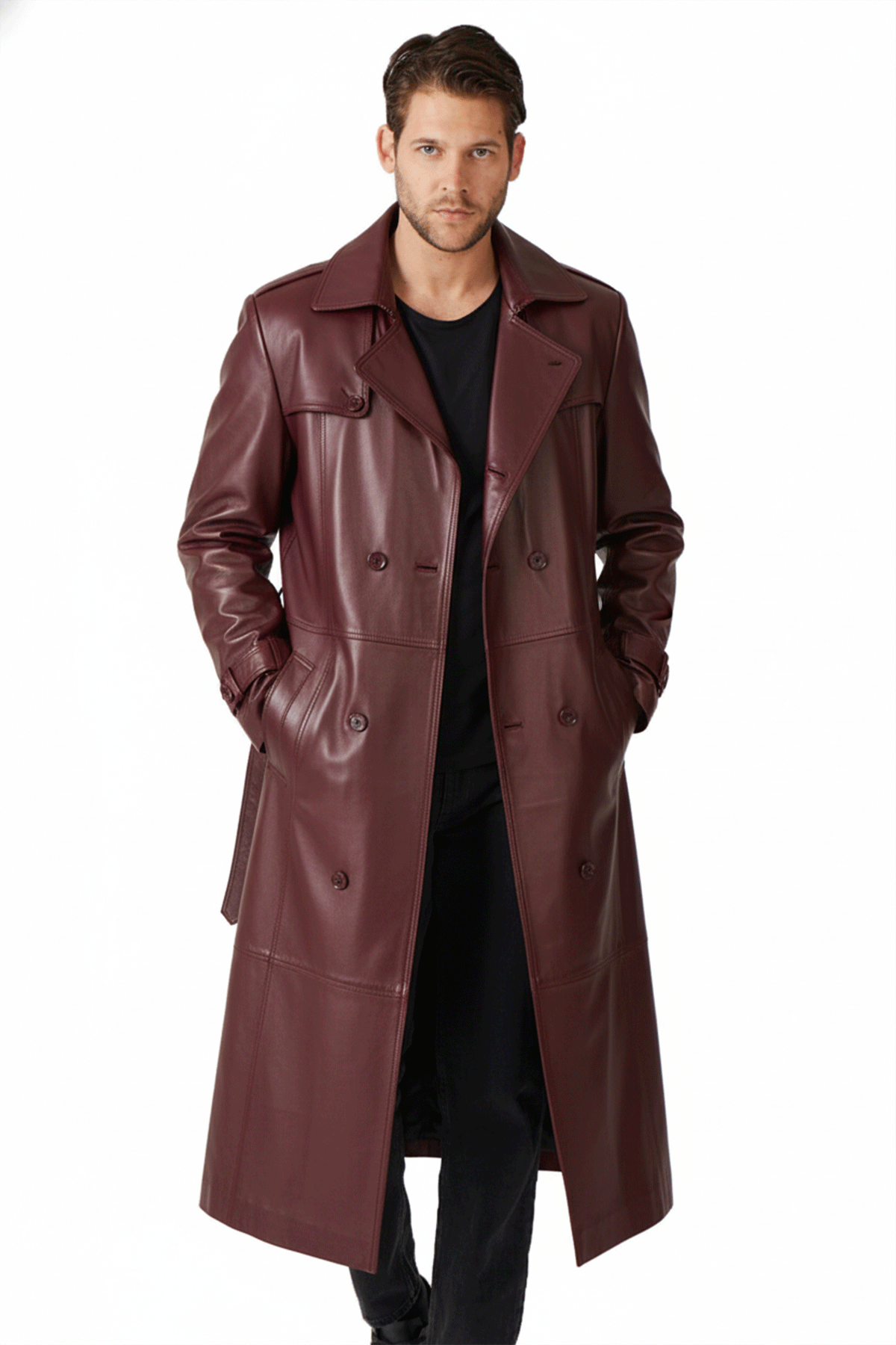 Bordo Matrix Hakiki Deri Kruvaze Düğme Kapamalı Yırtmaçlı Astarlı Kemerli Trençkot Erkek Kaban