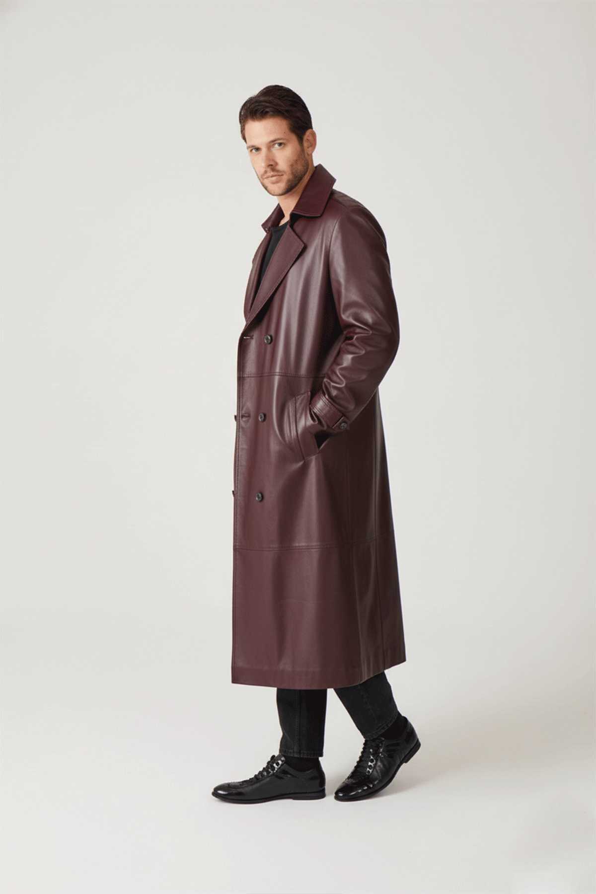 Bordo Matrix Hakiki Deri Kruvaze Düğme Kapamalı Yırtmaçlı Astarlı Kemerli Trençkot Erkek Kaban