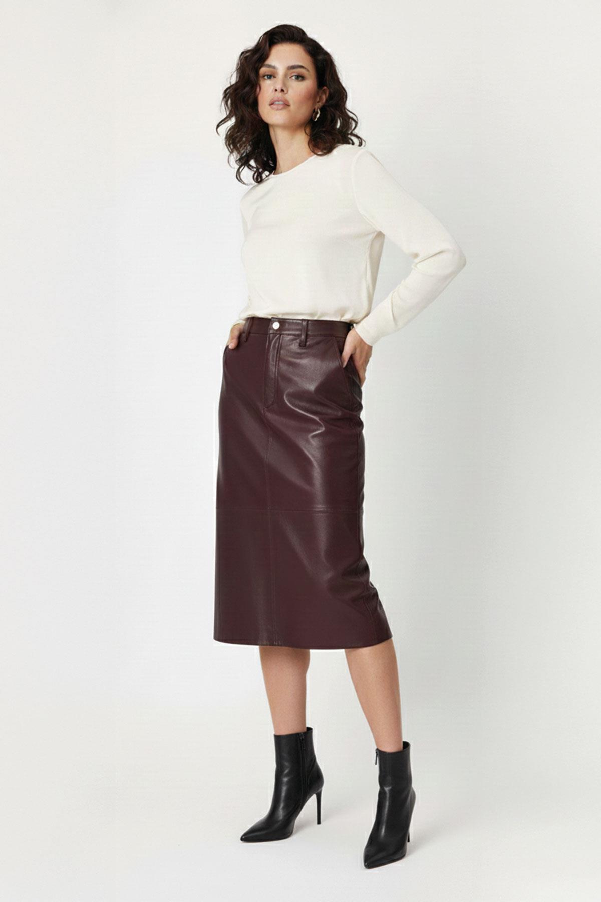Bordo Mira Midi Hakiki Deri Kadın Etek