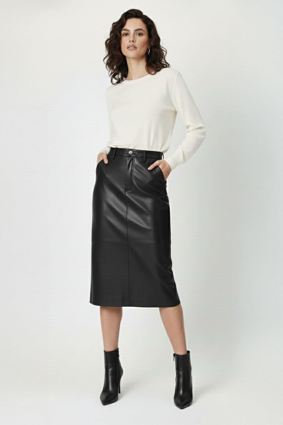 Bordo Mira Yüksek Bel Midi Hakiki Deri Kadın Etek