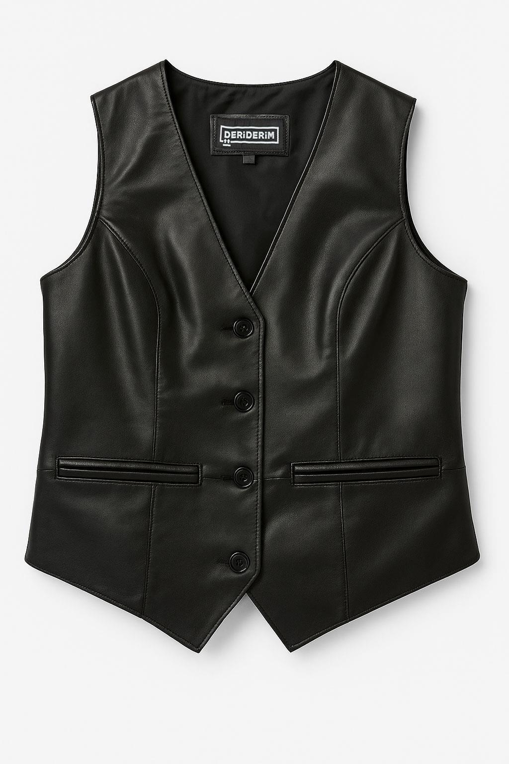 Carla Siyah Hakiki Deri Kadın Yelek