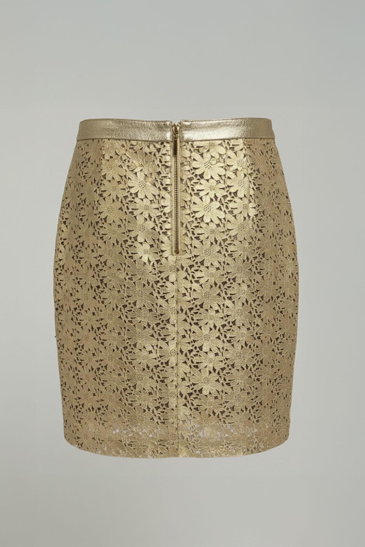 Çiçekli Yaldız Kadın Deri Etek