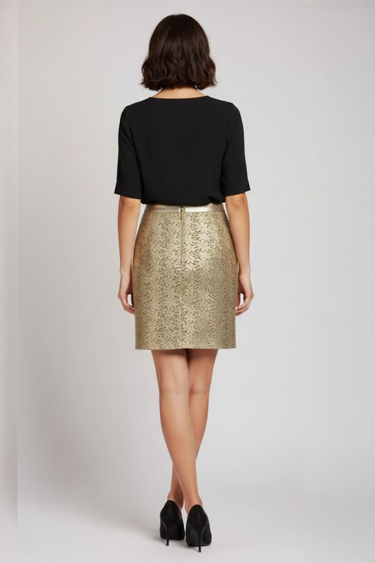 Çiçekli Yaldız Kadın Deri Etek