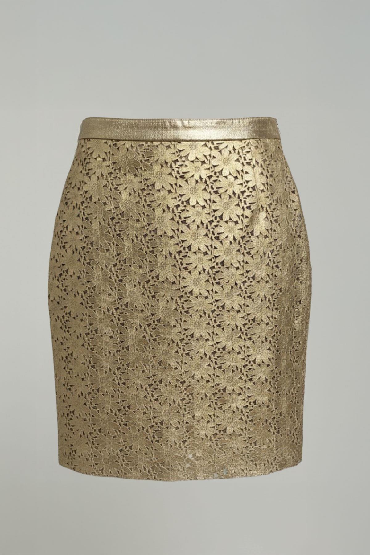 Çiçekli Yaldız Kadın Deri Etek