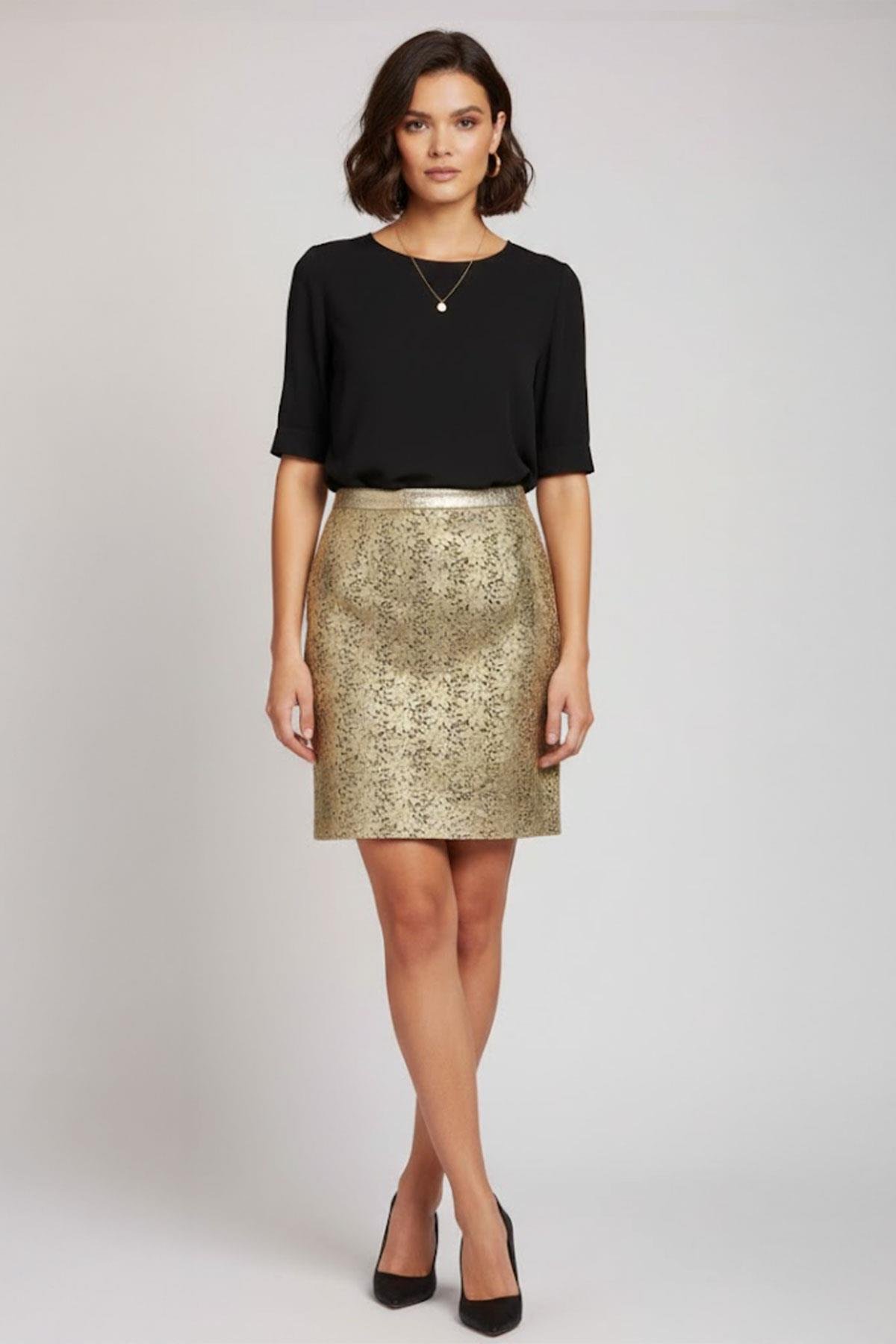 Çiçekli Yaldız Kadın Deri Etek